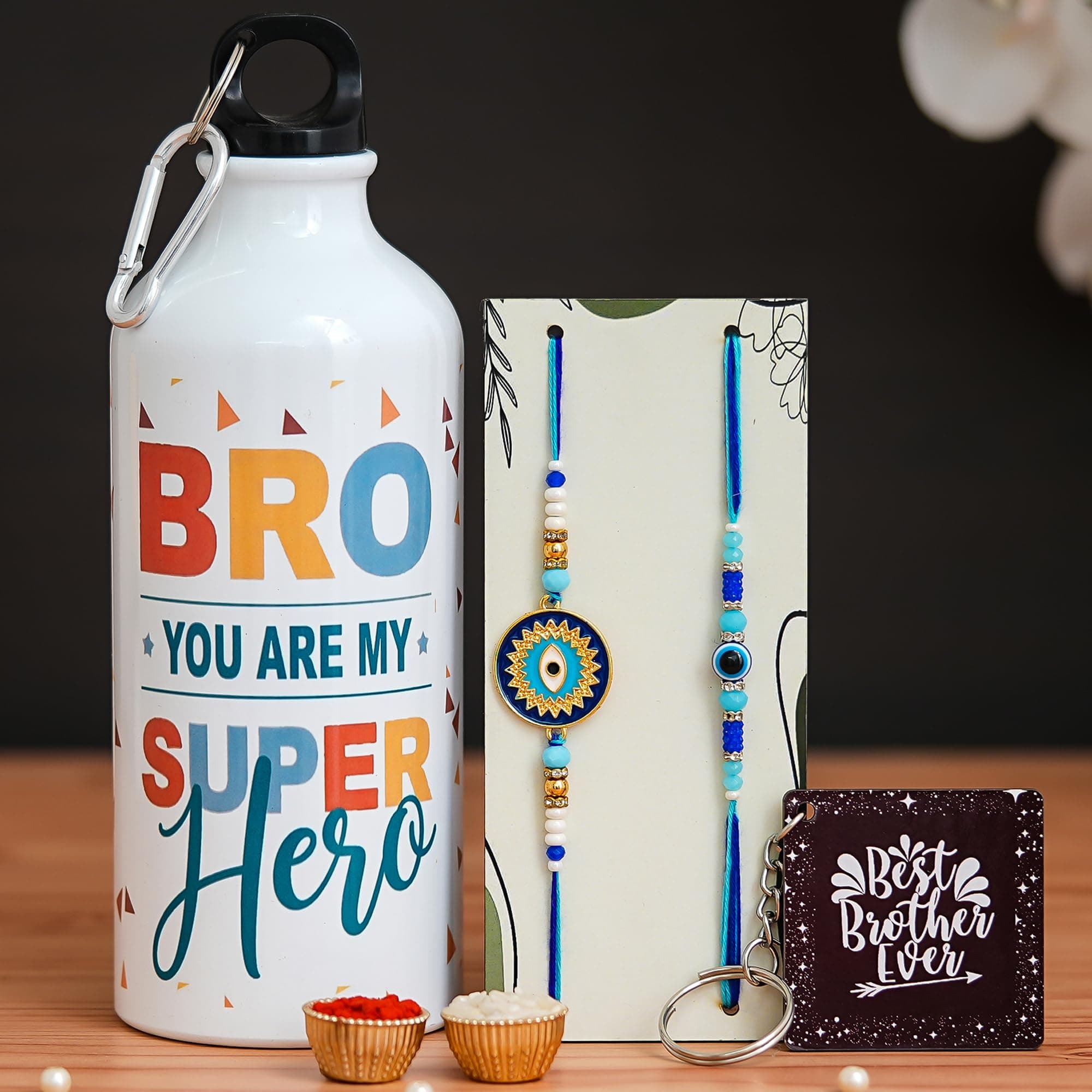 TONKWALAS Rakhi For Brother,2 Rakhi With Printed Sipper and Keychain Combo Set | 600 Ml Sipper with Keychain I Tilak Set and Greeting Card | Best Rakhi Gift For Brother