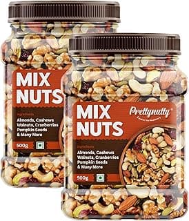 PrettyNutty Healthy Nutmix 1kg, Dried Almonds, Black Raisins, Cashewnuts, Cranberries, Green Raisins, Walnut Kernels & Many More. Pack of 2 (500g Each Jar)