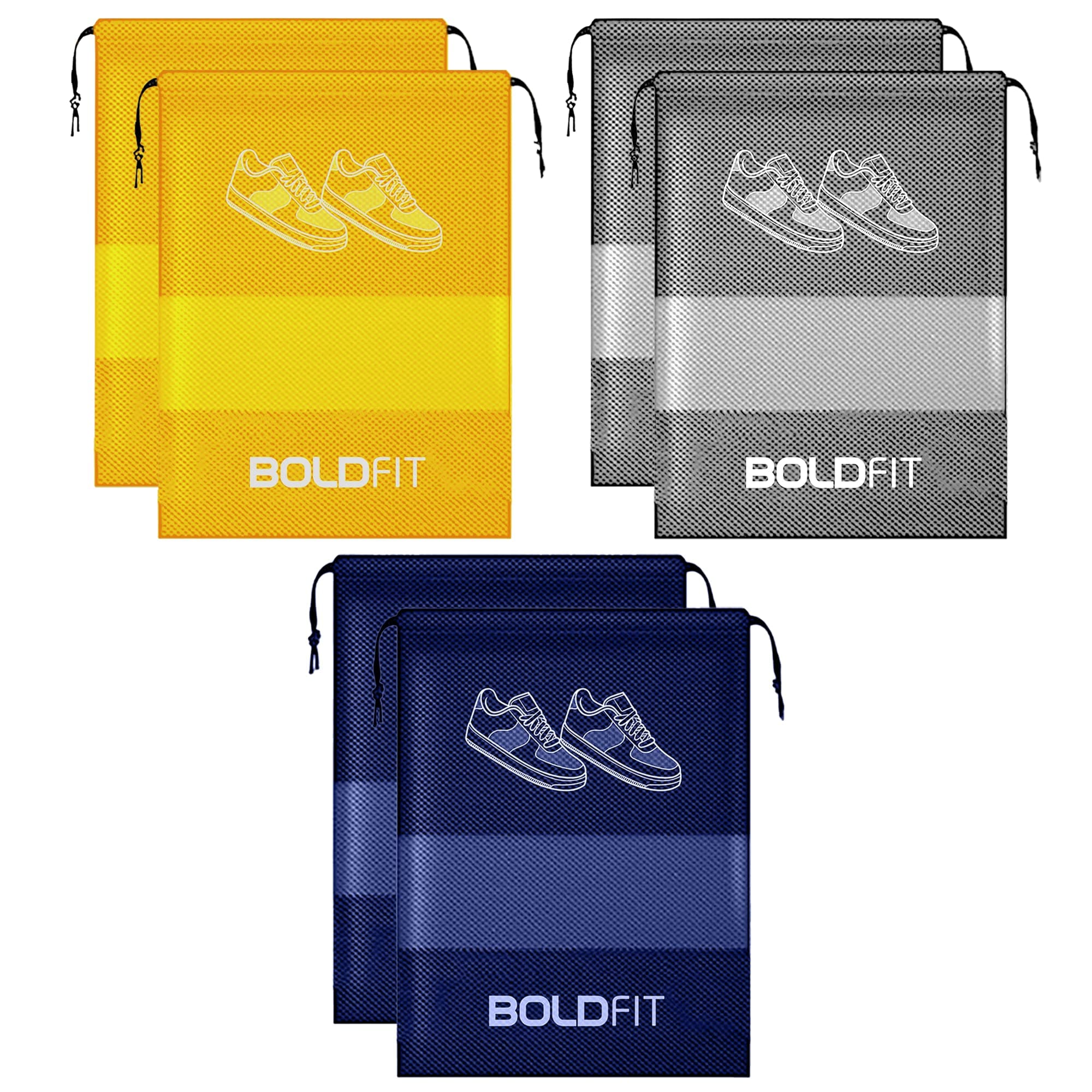 Boldfit Shoe Bag for Travel & Storage Travel Shoe Bag Organizer for Women & Men Portable Footwear Cover Pouches, Luggage Accessories & Essentials, Pack of 6 Pouch (Blue, Yellow, Grey)