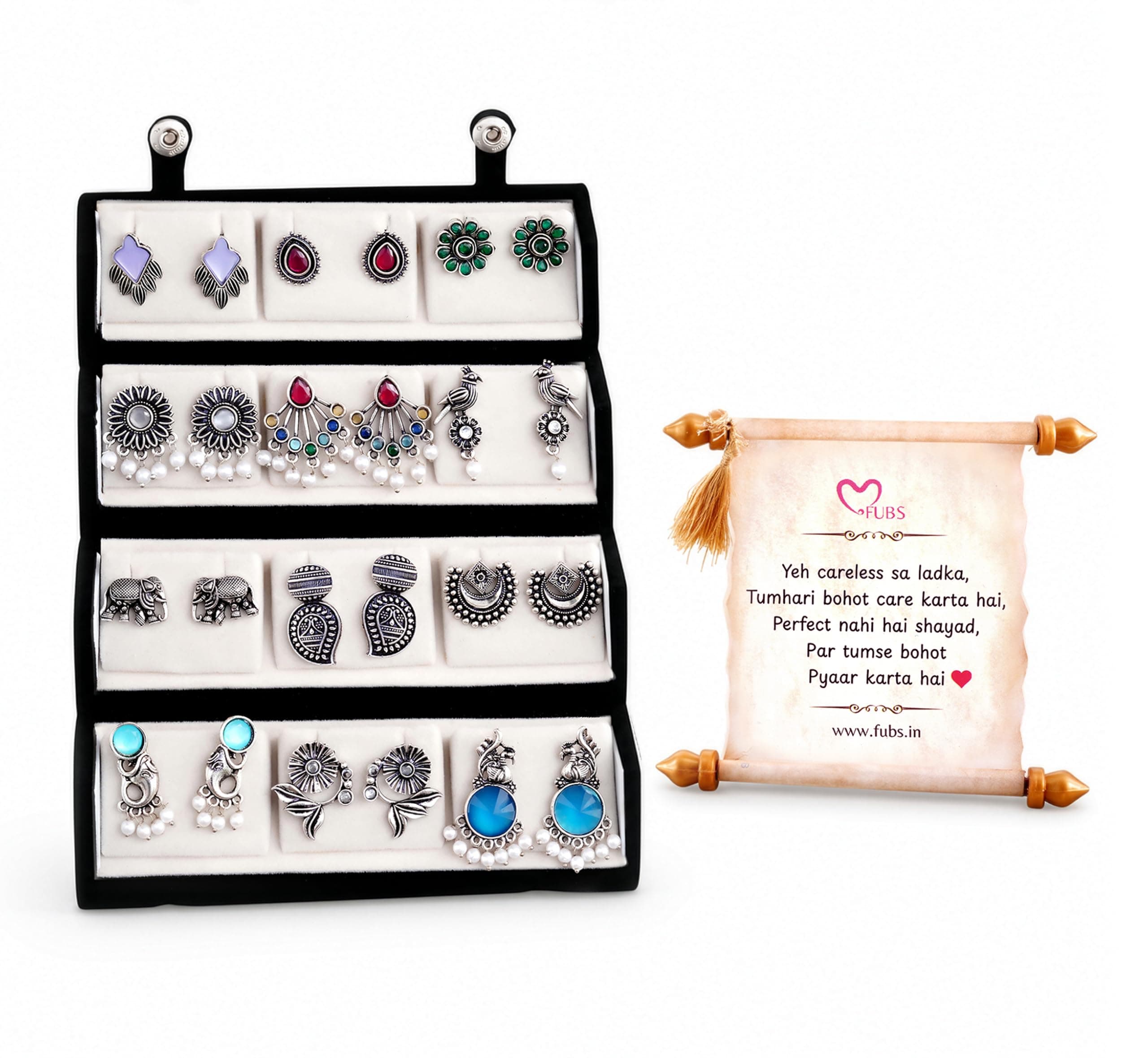 FUBS Set of 12 Oxidized Designer Stud Earrings with Folding Jewelry Box | New Love-Note Edition Traditional & Modern Earring Combo for Women & Girls