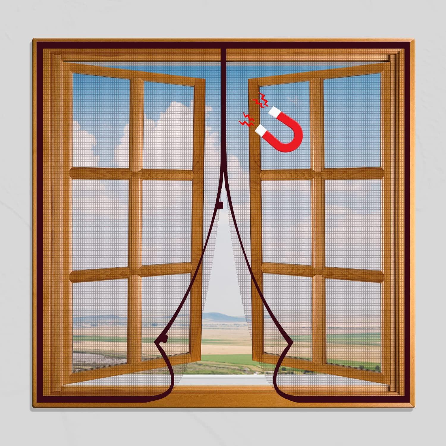 Lifekrafts Polyester Magnetic Window Mosquito Net with Self Adhesive Hook Tape Windows Height 120 cms X Width 120 cms (47x47 inches or 4x4 feet - Brown) - Ultra Premium Edition