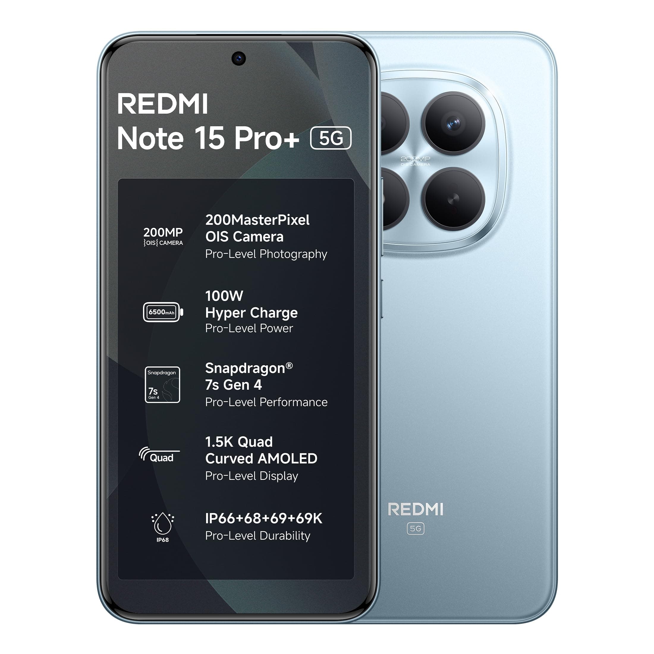 REDMI Note 15 Pro+ 5G (Mirage Blue, 8GB + 256GB) | 200MasterPixel OIS Camera | Snapdragon 7s Gen 4 | CrystalRes AMOLED | IP69/69K | 6500mAh Si/C Battery | 100W HyperCharge