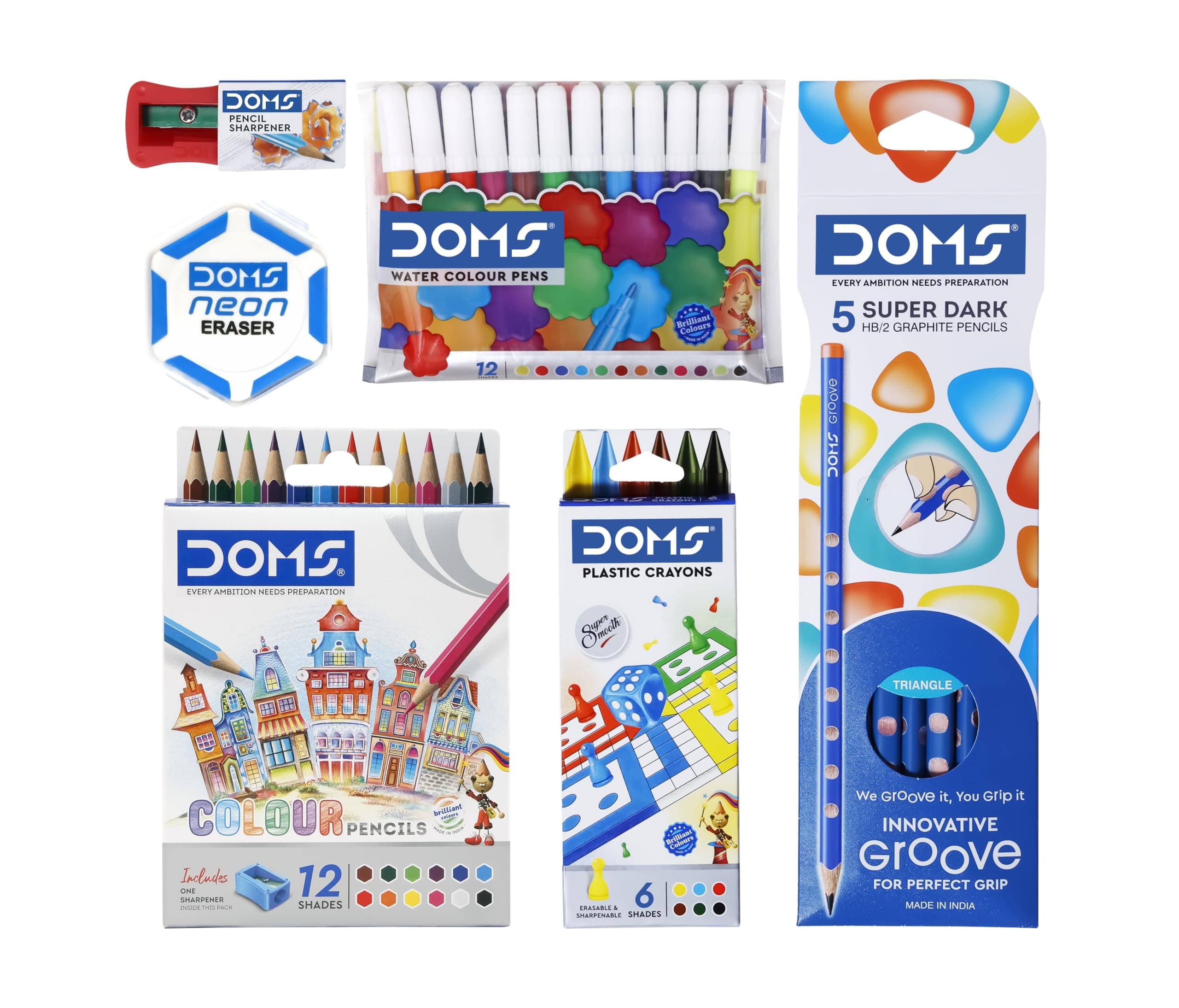 Doms Champions Kit | Perfect Value Pack | Kit for School Essentials | Gifting Range for Kids | Combination of 6 Stationery Items | Pack of 1