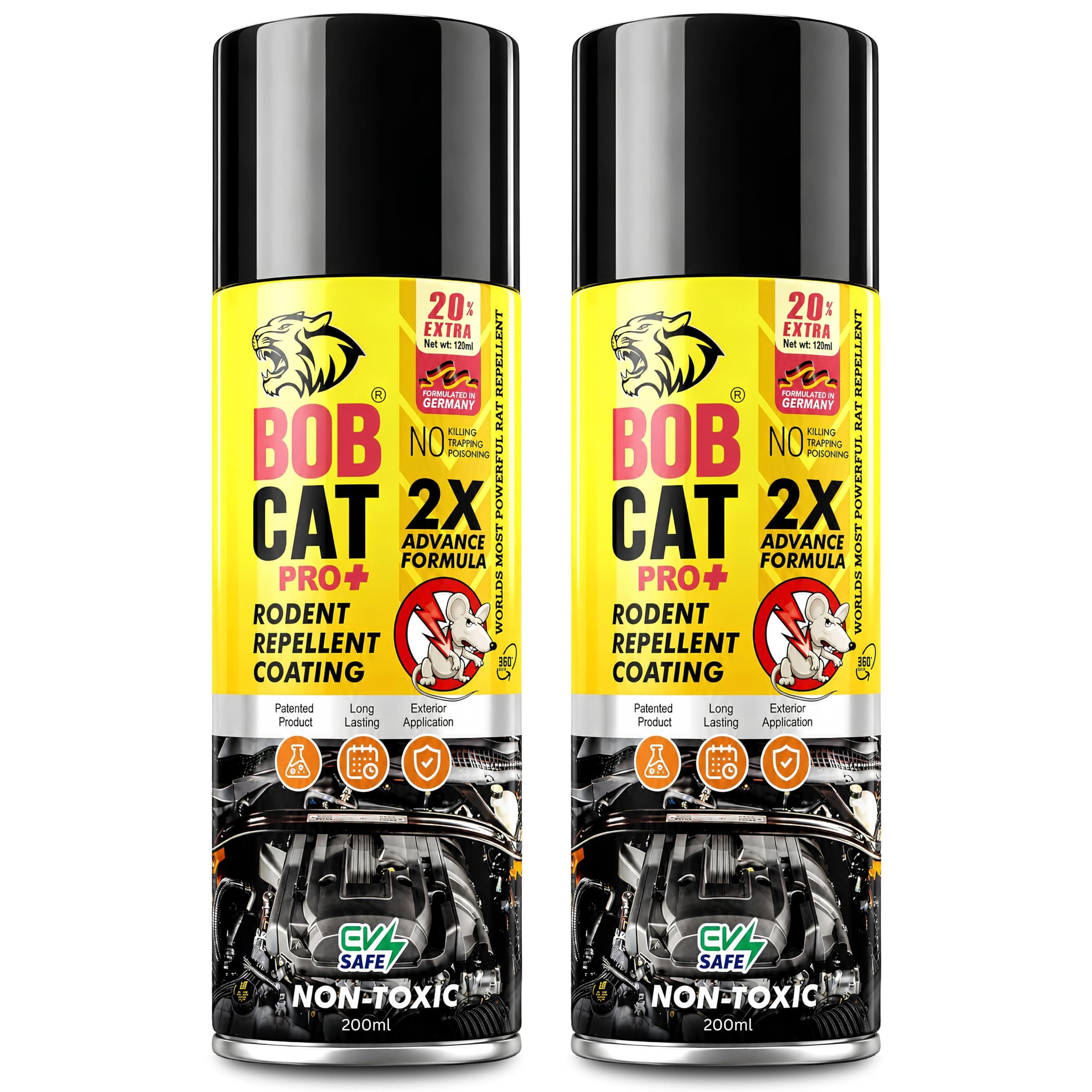 BOB CAT Highly Effective No Entry Rat Repellent Spray for Cars with Mask and Gloves (Black, 200 ml Pack of 2) - FORMULATION 10X