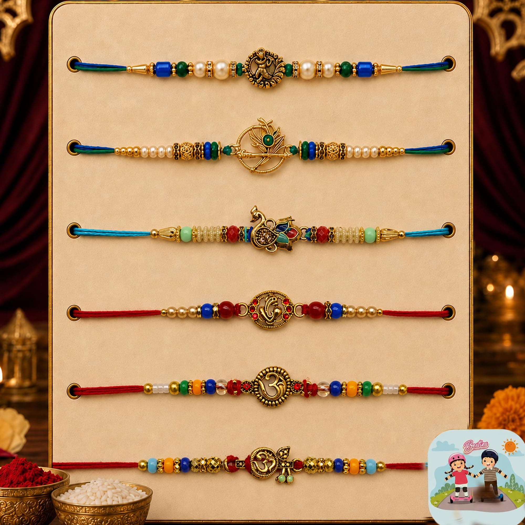 CraftVatika Rakhi with Gift for Brother, Rakhi Set of 6, Rakshabandhan Gift Combo Set for Boy Men, Traditional Om Peacock Ganesha Religious rakhies with Best Wishes Card and Tilakk, Raksha Sutra