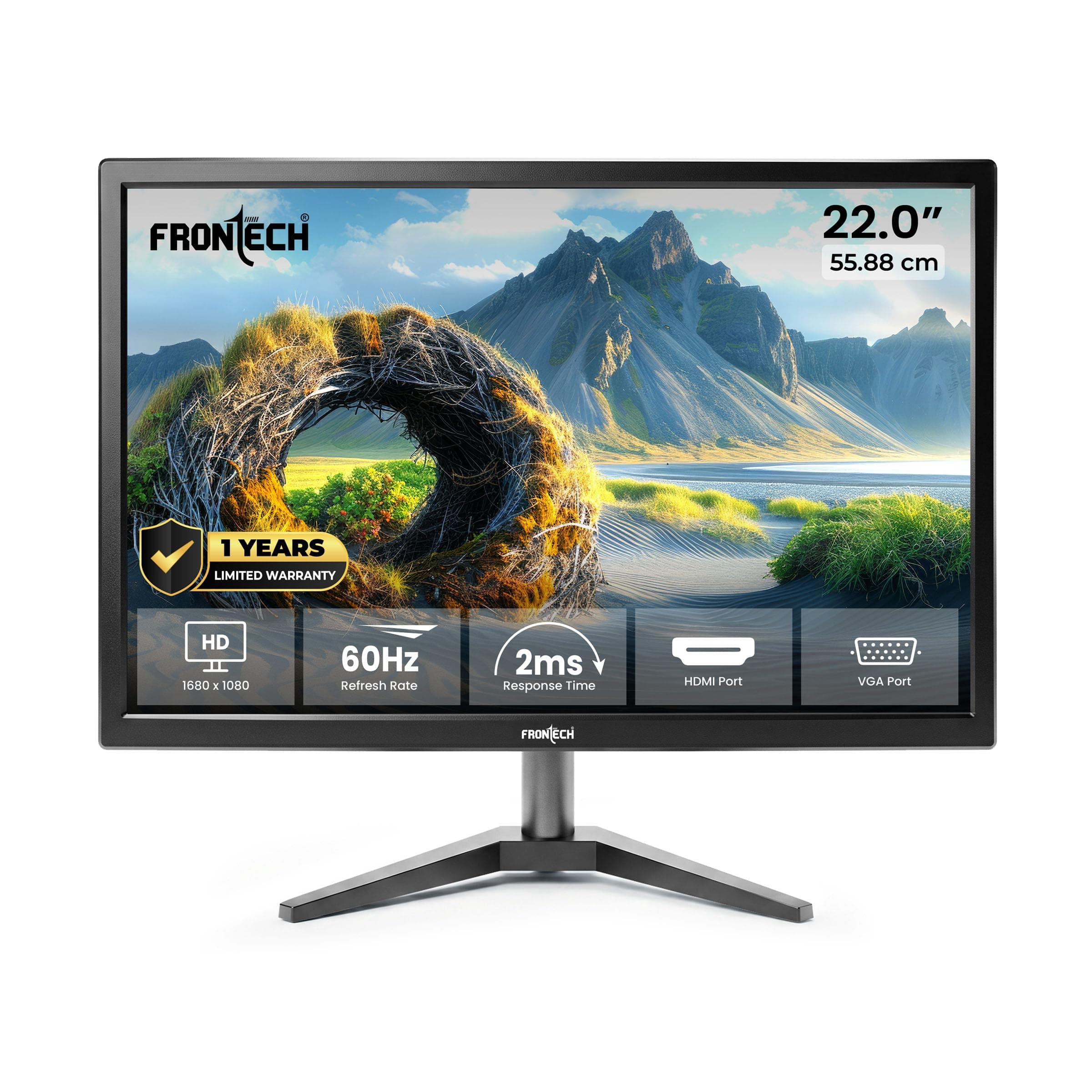 FRONTECH 22-inch, LED, HD 1680x1050, 60Hz, Black, Wall Mountable Slim & Stylish Design, 16.7M Colors, HDMI & VGA Ports, Built-in Power Supply Monitor (MON-0060)