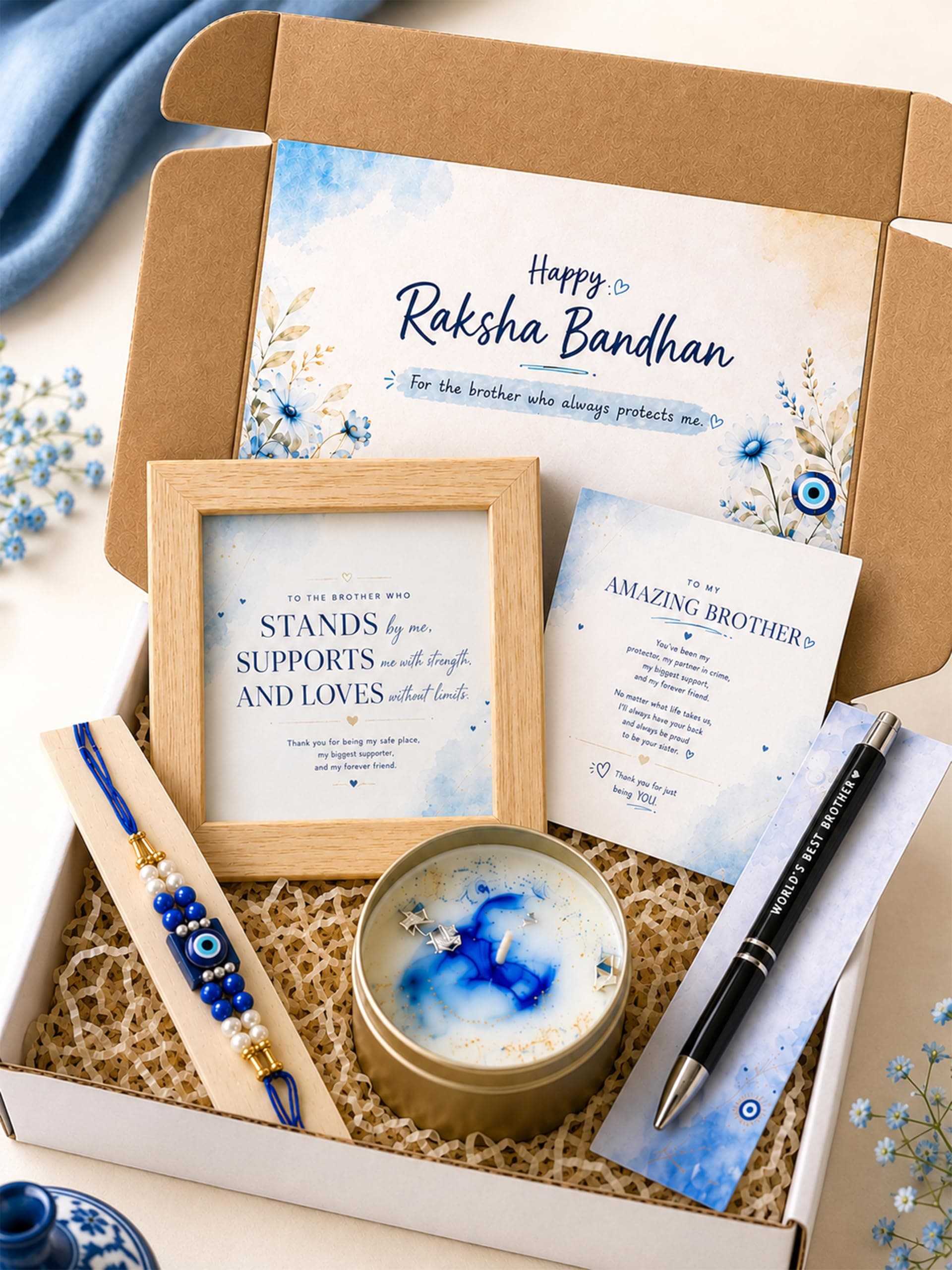 Rakhi Gift Hamper for Brother | 5 Piece Raksha Bandhan Gift Set with Rakhi, Wooden Frame, Greeting Card, Pen & Scented Candle | Rakhi Gift Hamper from Sister, Thoughtful Gift for Bhai