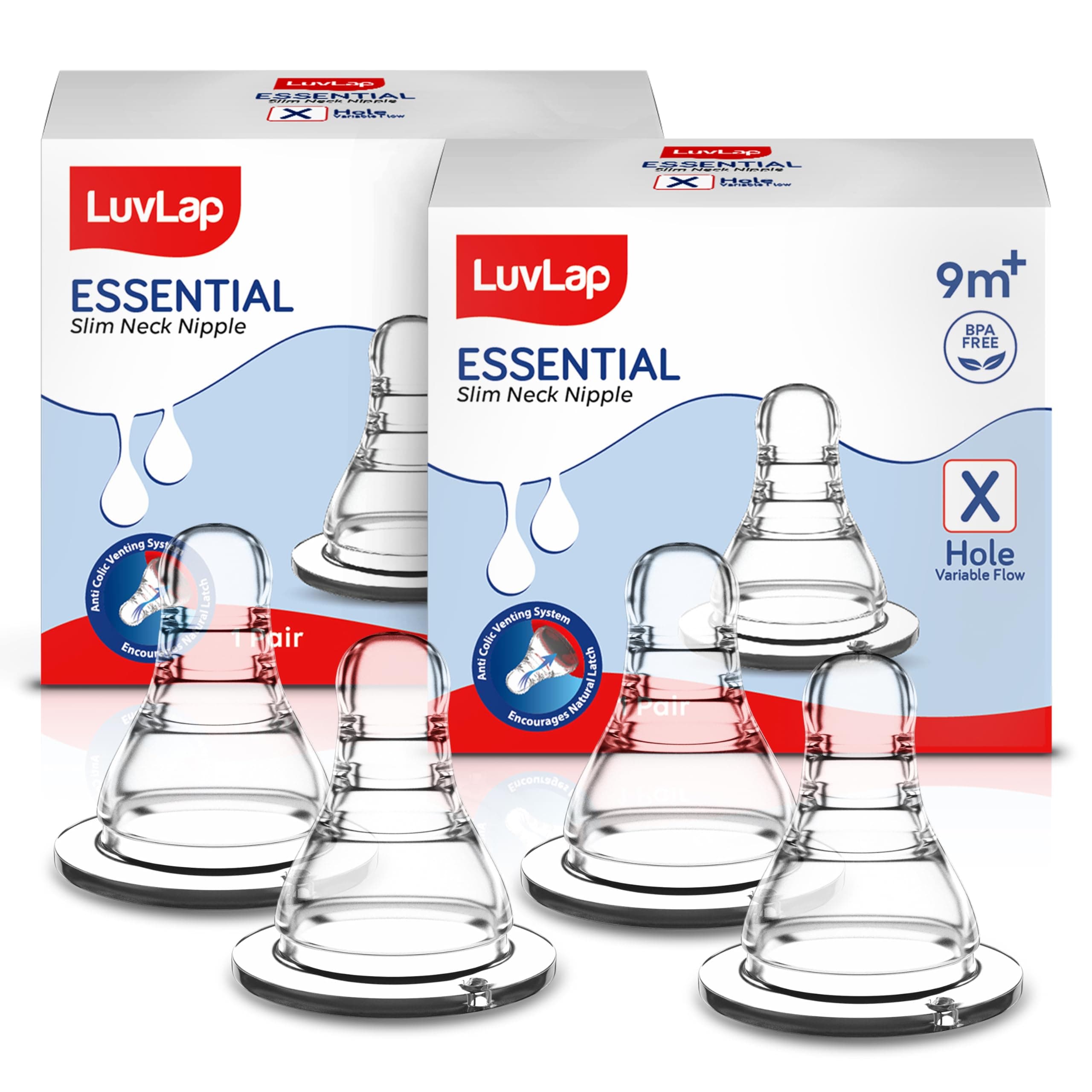 LuvLap Anti-Colic Essential Teat/Nipple for Slim Neck Bottle,4Pcs Variable Flow, 9M+, Made ofSoft & Flexible Silicone, Mimics Breastfeeding, Leak Proof, Bpa Free, Comes with Sturdy Base