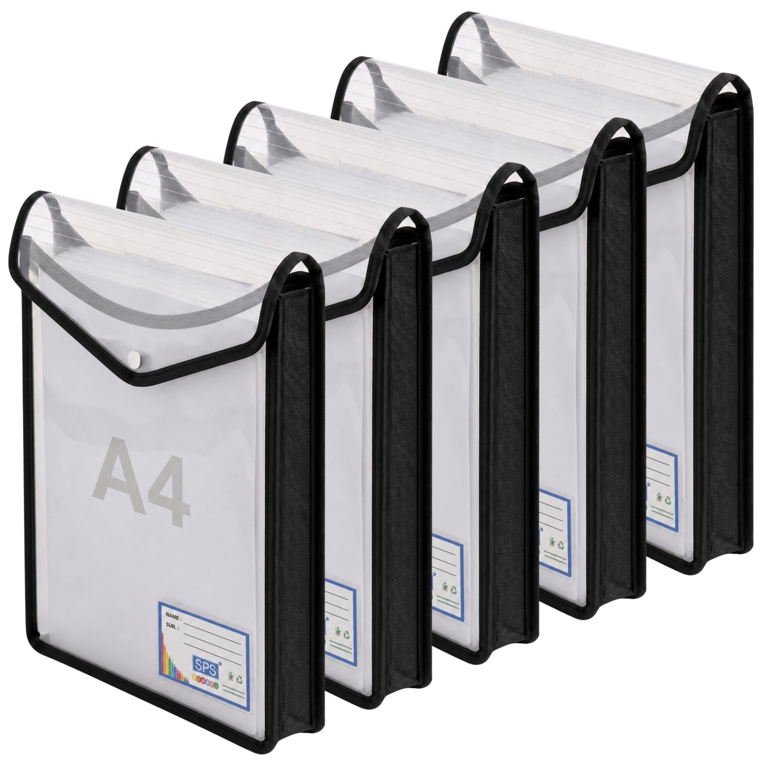 SPS File Folder, Vertical Poly-Plastic A4/Foolscap Transparent Documents File Storage Bag with Snap Button Set of 5/Certificate File Folder (Vertical, Black, Pack of 5)