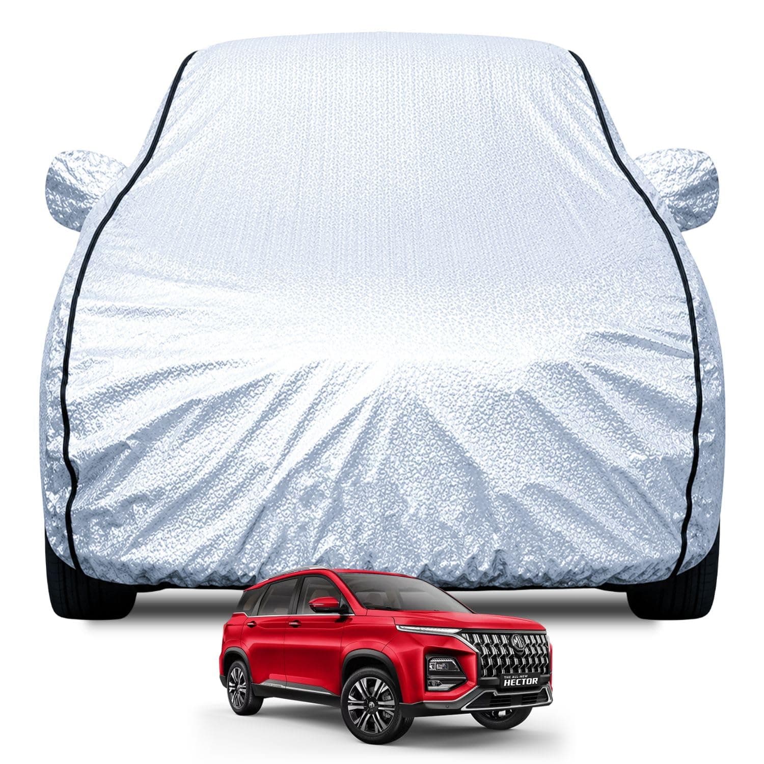 FABTEC Waterproof Car Body Cover for Mg Hector with Mirror Pocket, Soft Cotton Lining, Triple Stitched (Heat Resistant Metallic Silver with Black Piping)