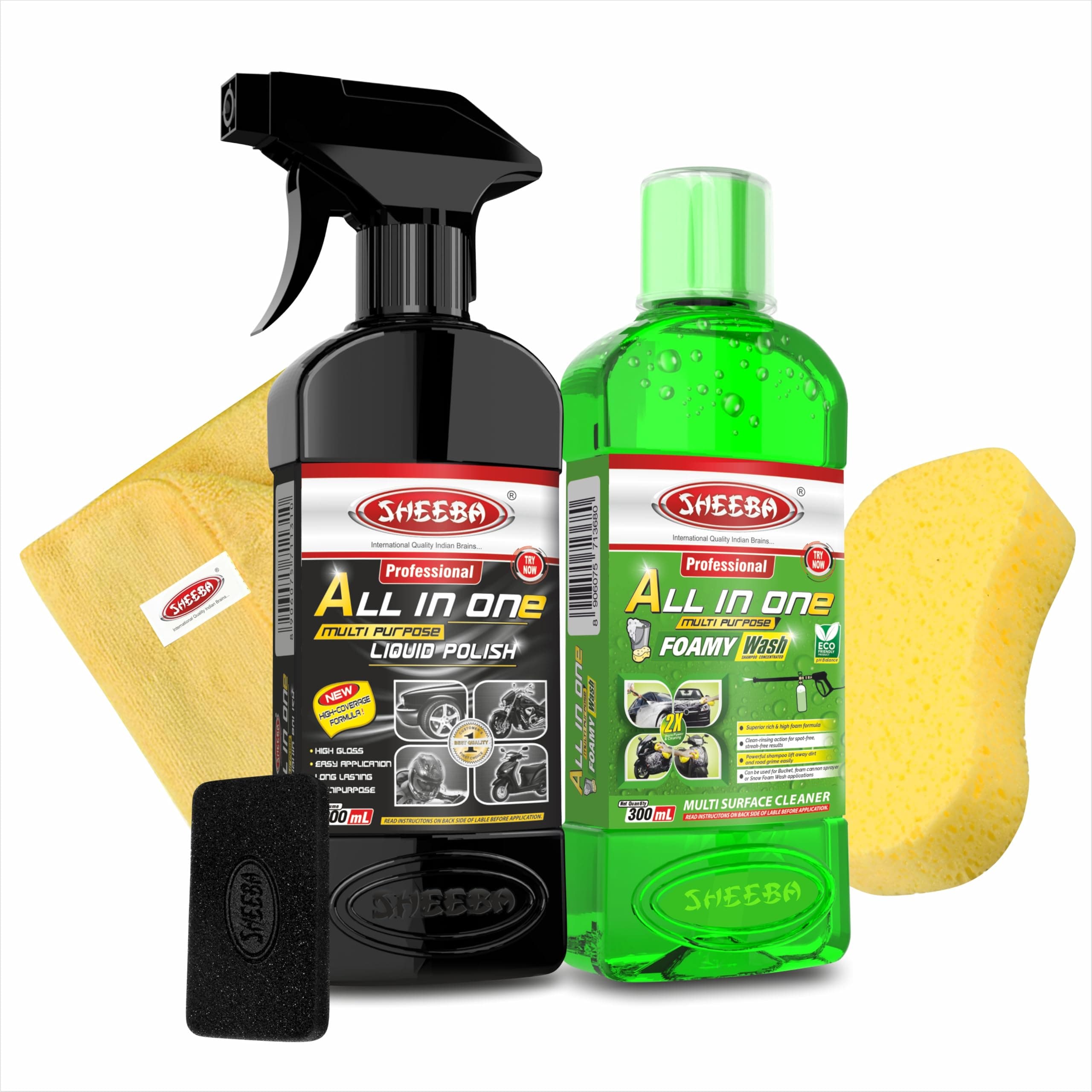 SHEEBA All in One Multipurpose Polish with Foamy Wash Shampoo for Car, Motorbike, Scooter Care with Microfiber Towel, Heavy Duty Washing Pad and Foam Applicator-500mL Combo.