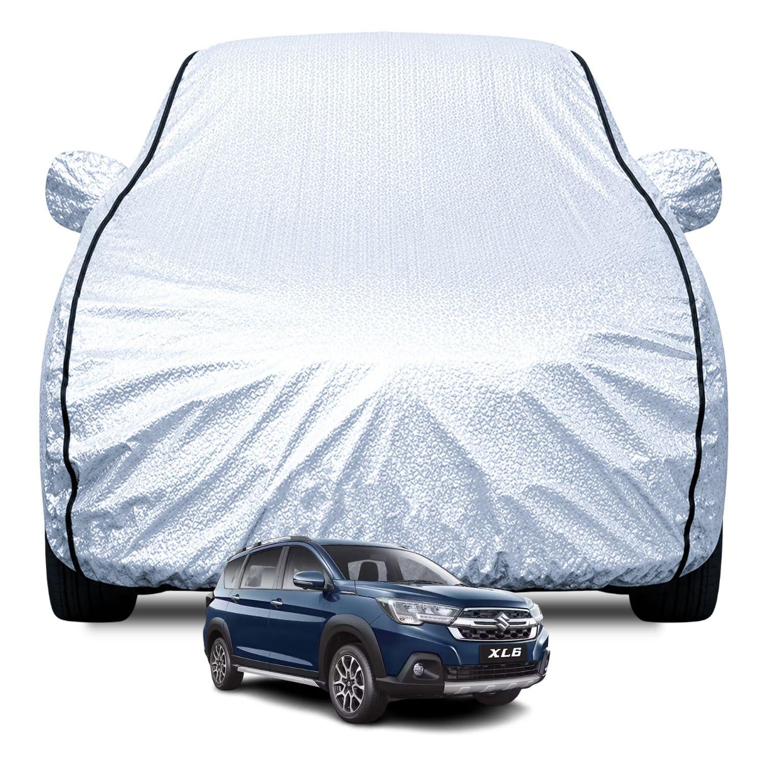 FABTEC Waterproof Car Body Cover for Maruti Xl6 with Mirror Pocket, Soft Cotton Lining, Triple Stitched (Heat Resistant Metallic Silver with Black Piping)