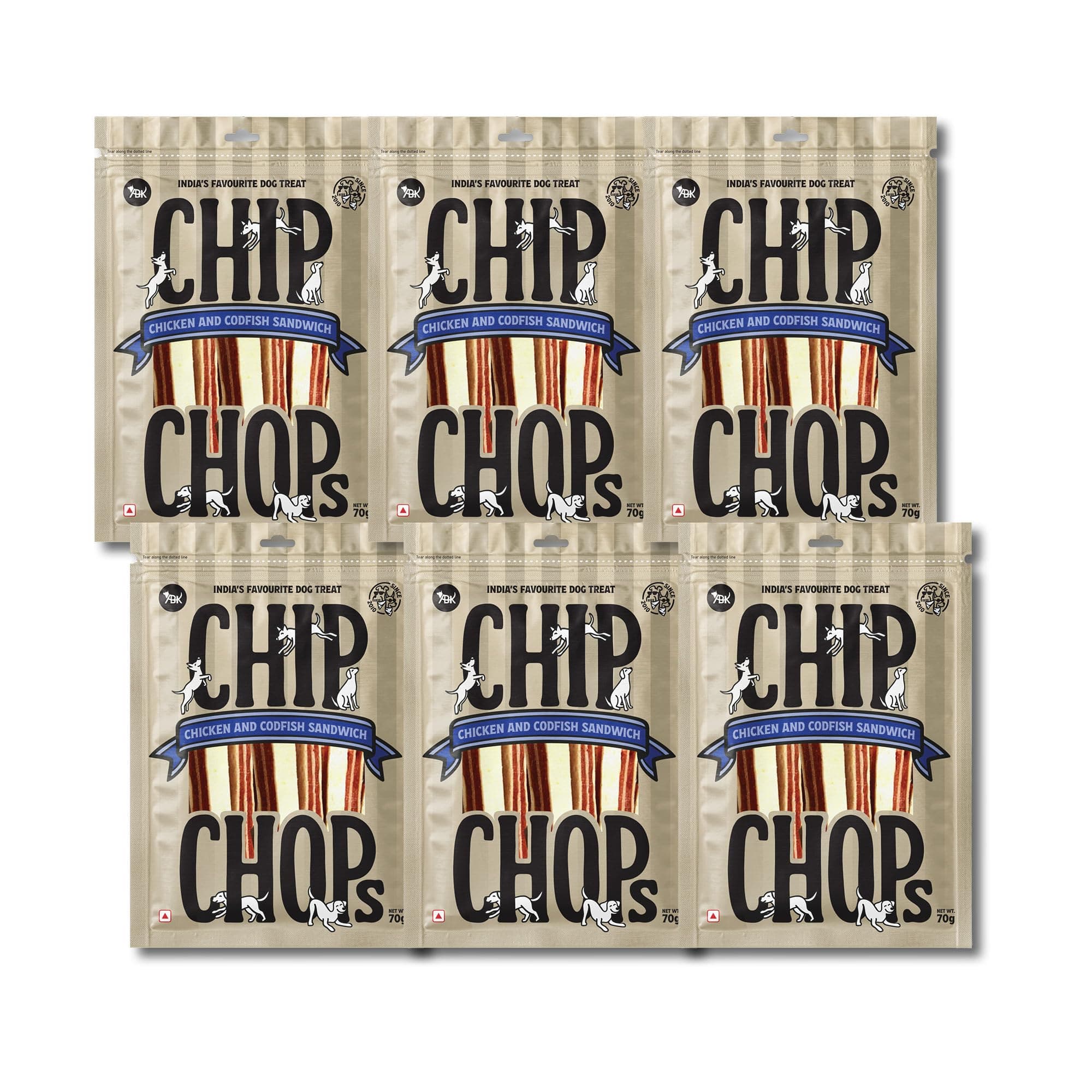 Chip Chops Chicken & Codfish Sandwich Dog Treat | Soft Chicken Snack for Dogs | Nutritious Dog Treat for Training, Reward, Snacking & Daily Use for All Dog Breeds,70g Each (Pack of 6)