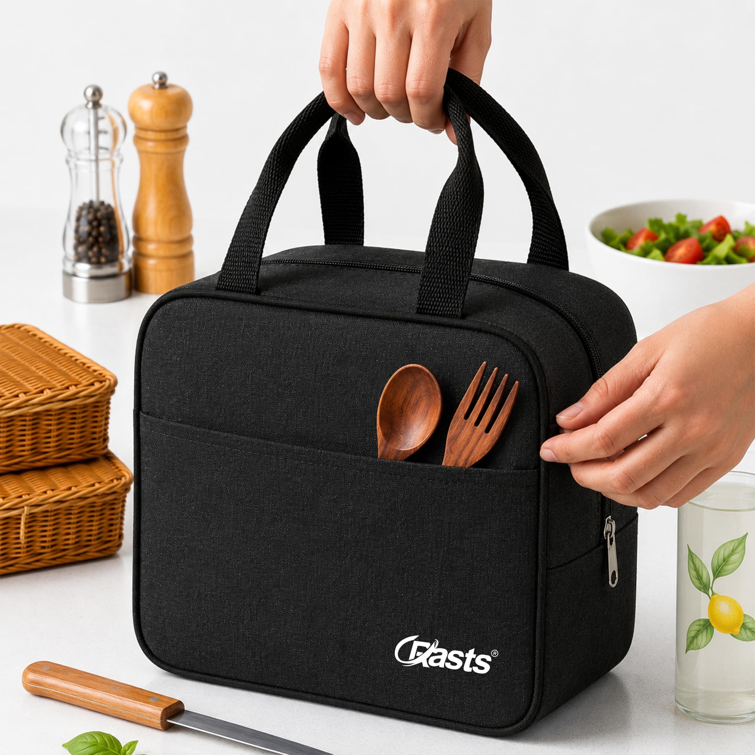 Crasts Insulated Lunch/Tiffin/Storage Bag for Men & Women Reusable Waterproof Travel Bag for Office, College & School Lightweight Thermal Design Polyester Black 7liter