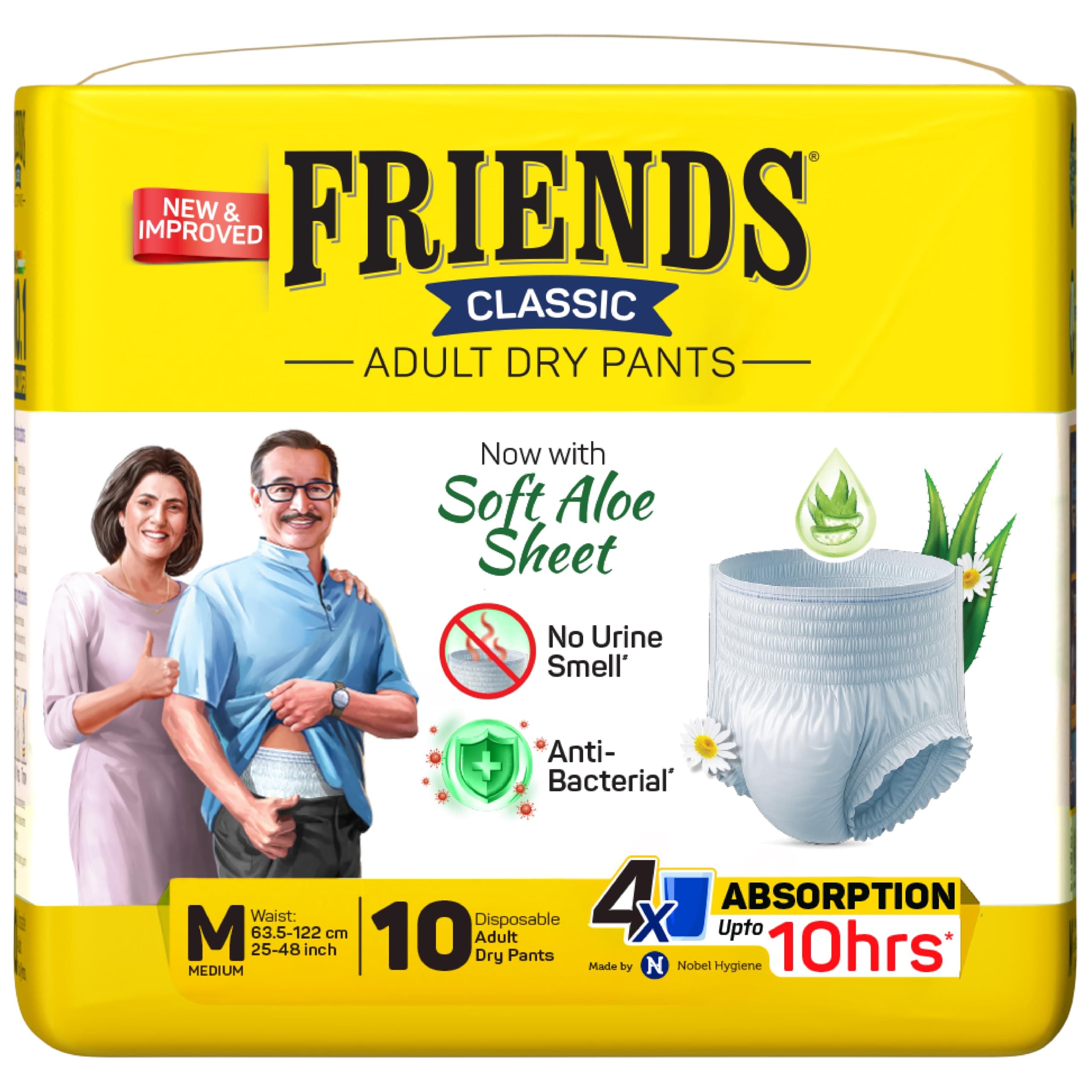 Friends Classic Adult Diaper Pants M Size| 10 Count (Medium) | Waist 25-48 inch | Aloe Vera | Unisex | Leakproof | Quick & Even Absorption | Long Protection hours | Brief-Like Fit | Odour Lock | Elastic Waist & Anti-Bacterial Absorbent Core