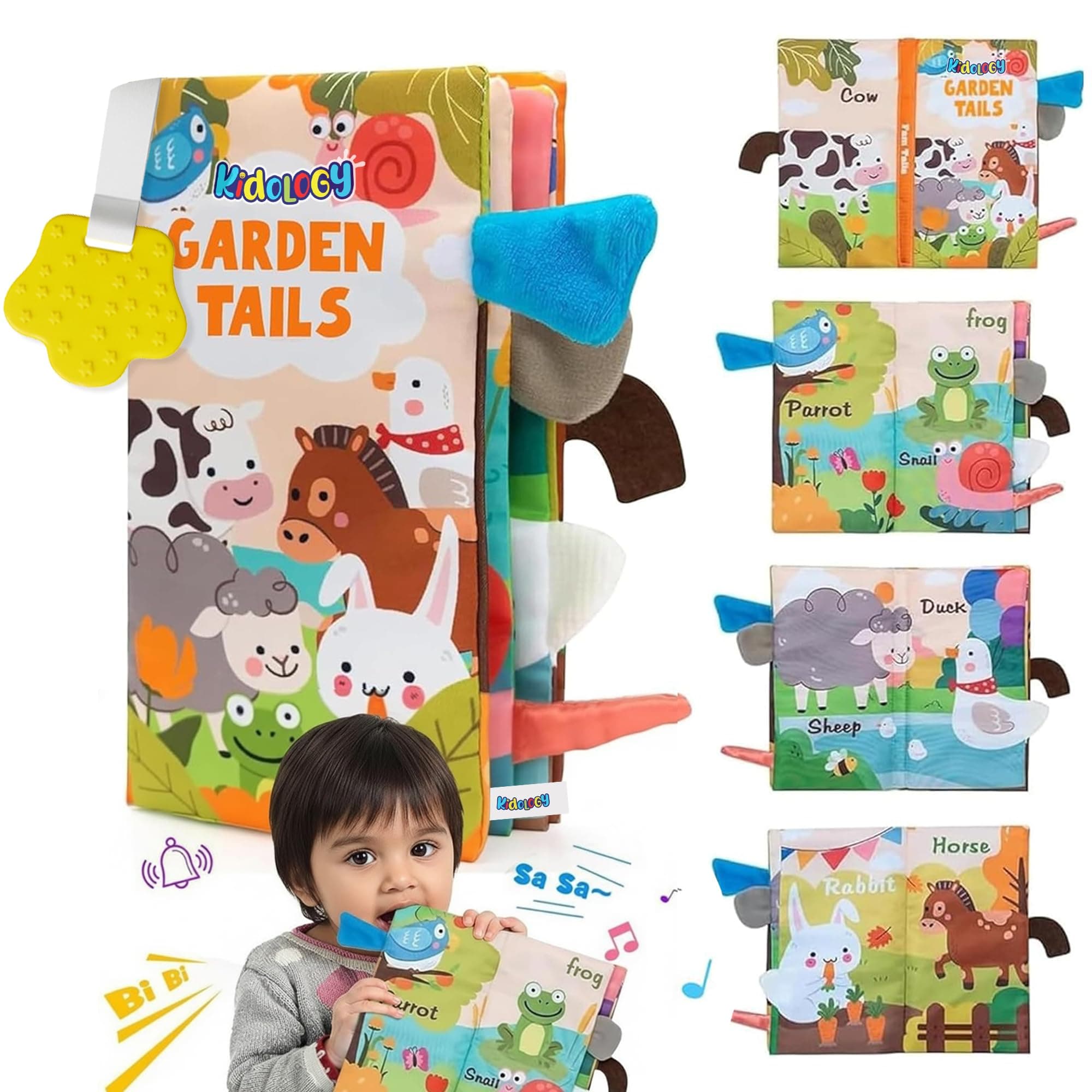 Kidology Learning Tails Cloth Book for Babies 0–3 Years - Garden Tails | Soft Baby Activity Book | Tear-Resistant with Rustling Sound | Sensory Early Learning Toy for Infants | Boys & Girls