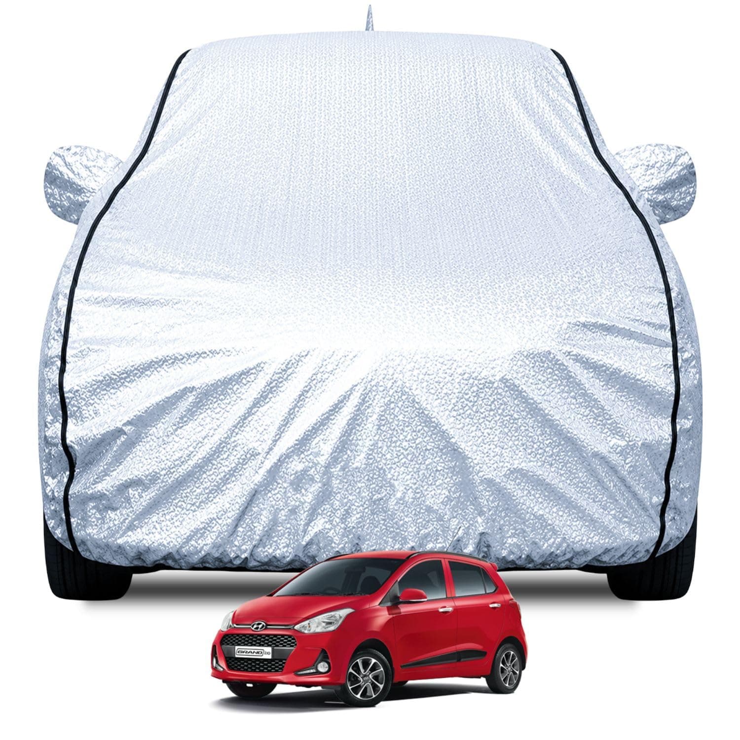 FABTEC Waterproof Car Body Cover for Hyundai Grand I10 with Mirror and Antenna Pocket, Soft Cotton Lining, Triple Stitched (Heat Resistant Metallic Silver with Black Piping)