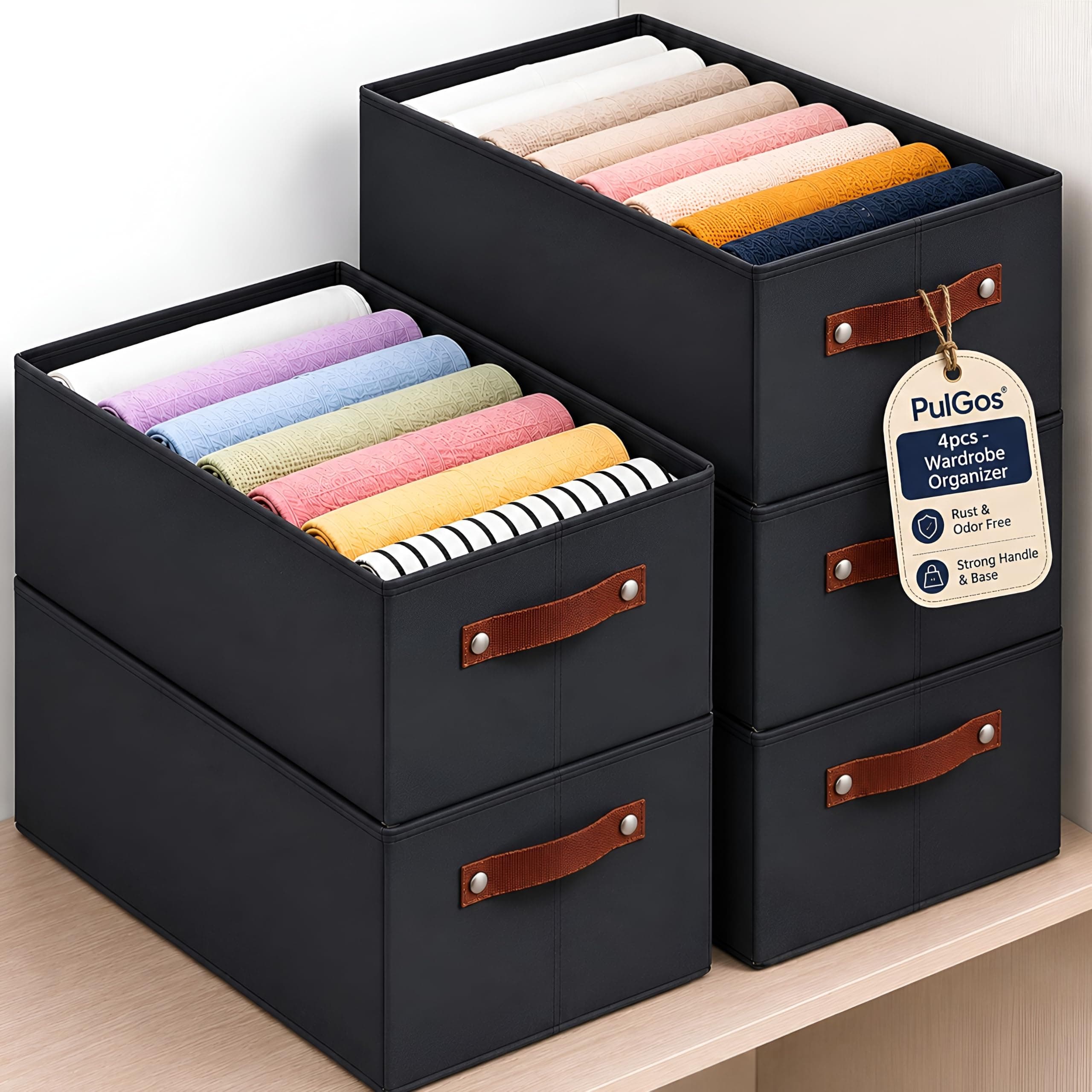 PulGos 4 Pcs Wardrobe Organizer for Storage |๐๐ฎ๐ฌ๐ญ-๐
๐ซ๐๐ & ๐๐๐จ๐ฎ๐ซ-๐
๐ซ๐๐ Foldable Cloth Organiser| Storage Box |Stackable Space-Saving & Multipurpose Organizers Boxes for Home & Office Use