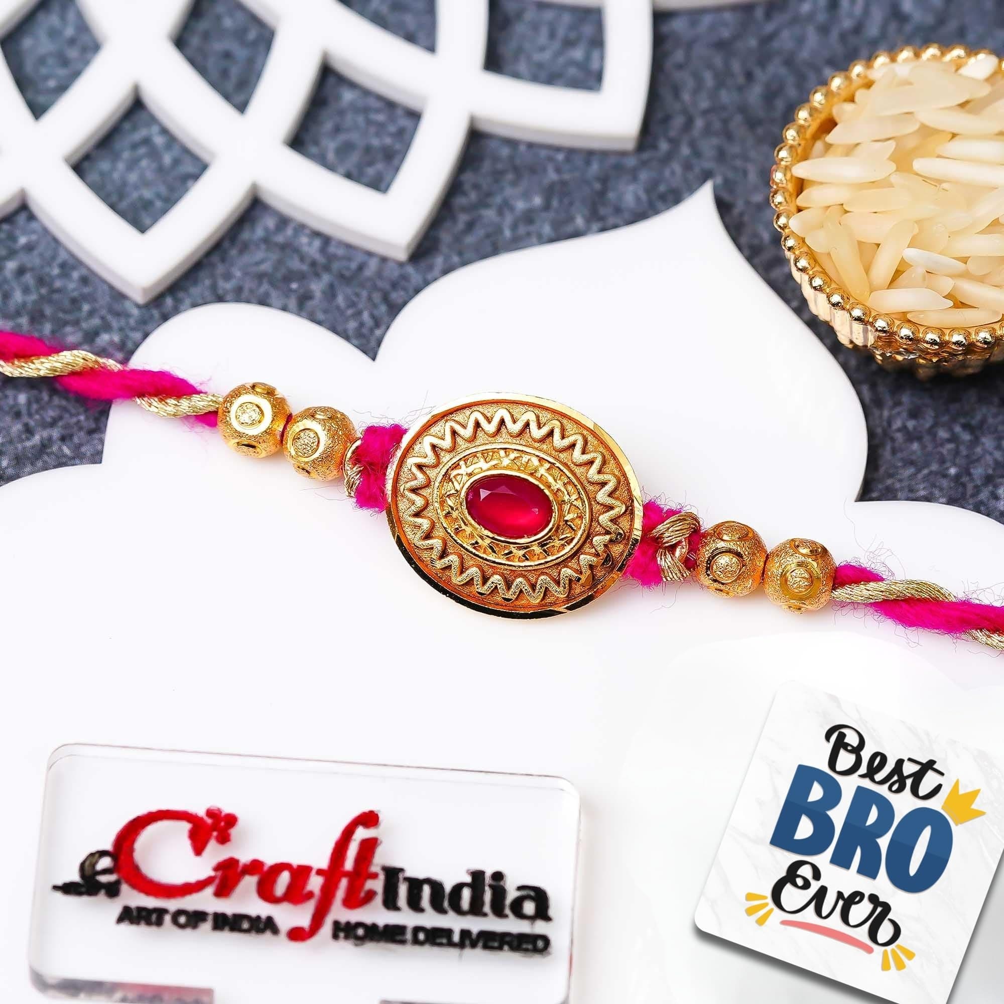 eCraftIndia Golden Pink Kundan Beads Designer Rakhi for Brother With Gift Combo Set | Raksha Bandhan Rakhi for Bhai Bhaiya Kids Boy | Best Bro Ever Fridge Magnet | Roli Chawal Pack