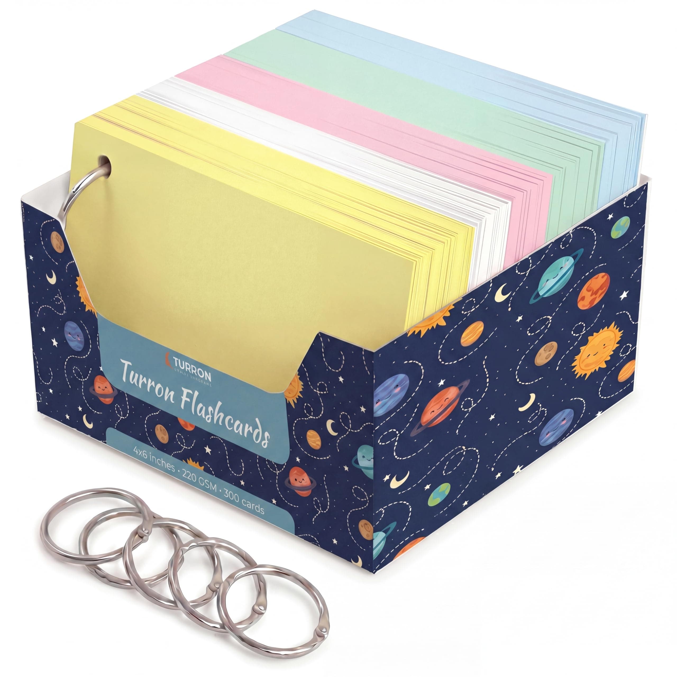 Turron Premium Blank Index Flash Cards | Punched with Binder Rings for Study, Notes & Revision (300, Multicolor, 4 x 6 Inch, Plain)