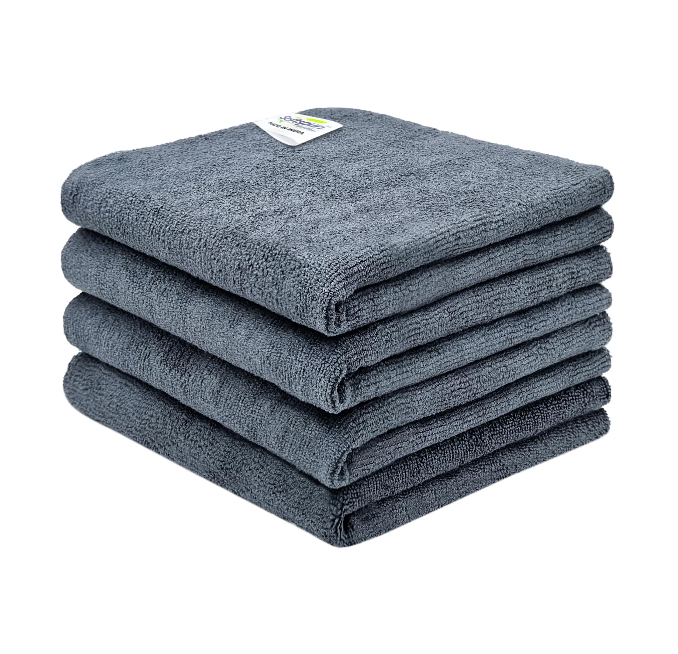 SOFTSPUN Microfiber Cloth-Edgeless with Ultrasonic Cut 4 Pc 340 GSM 40x40cm Grey! Multipurpose Cloths - Automotive Microfibre Towels for Car Bike Cleaning Polishing Washing & Detailing.