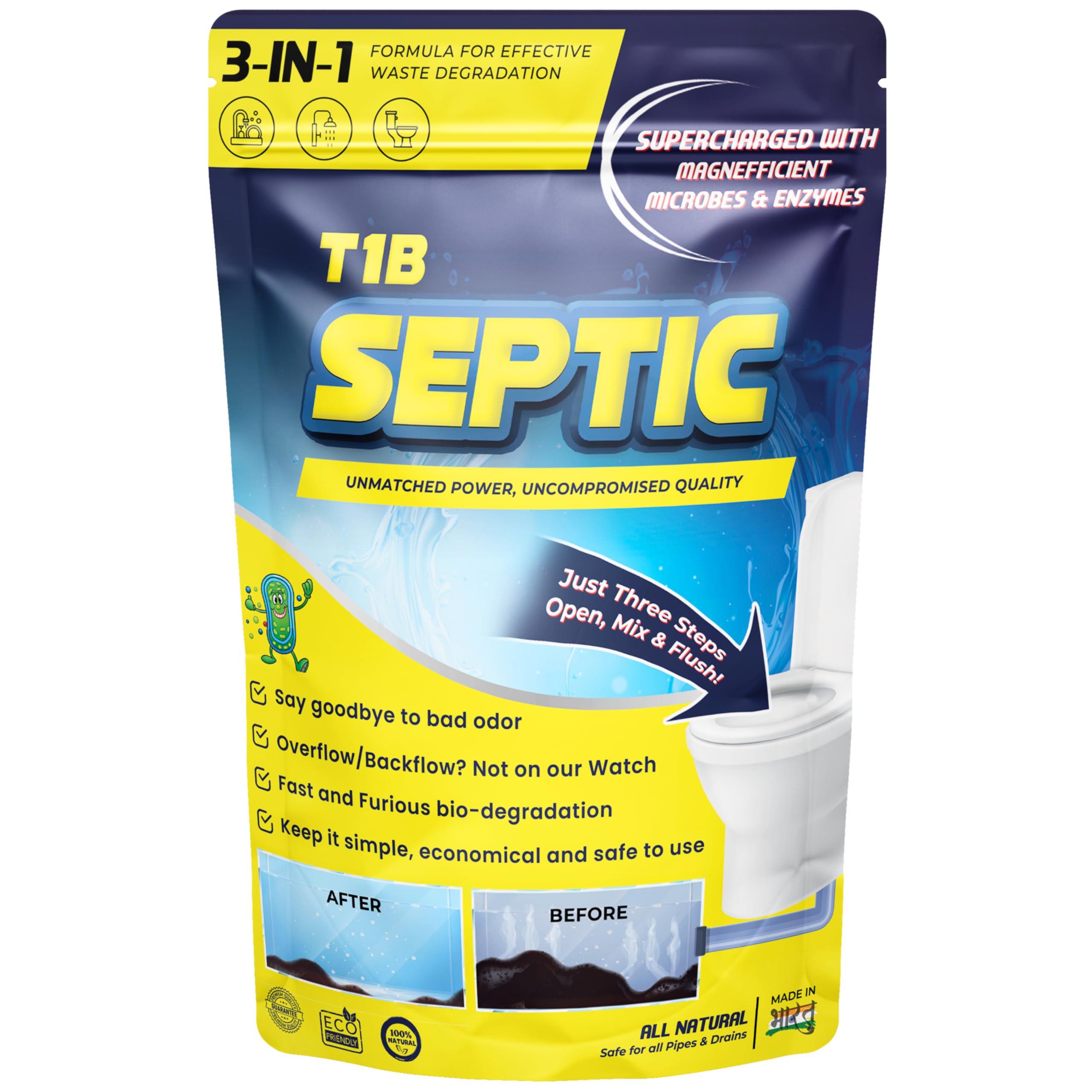 T1B Septic Tank Cleaning Powder - 3-in-1 100X Powerful Formula with Microbes & Enzymes, Odour Removal, Prevents Blockages & Clears Drains, Septic Tank Treatment Powder