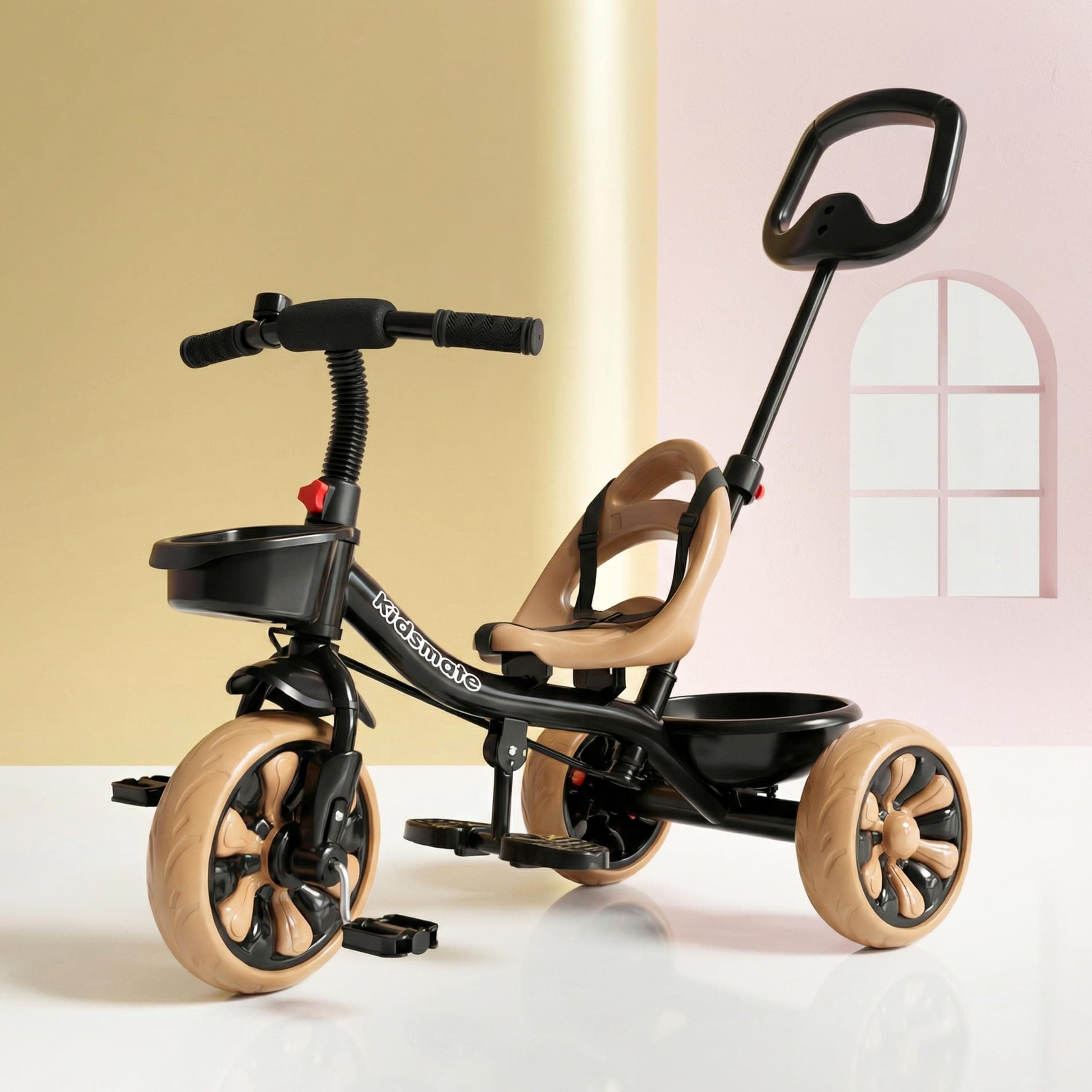 Kidsmate Junior Tricycle for Kids with Parental Control | Cycle for Kids 1-4 Years | Baby Cycle | Bicycle with Storage Basket, Cushion Seat and Seat Belt Carrying Capacity 30 Kgs (Caramel-Black)