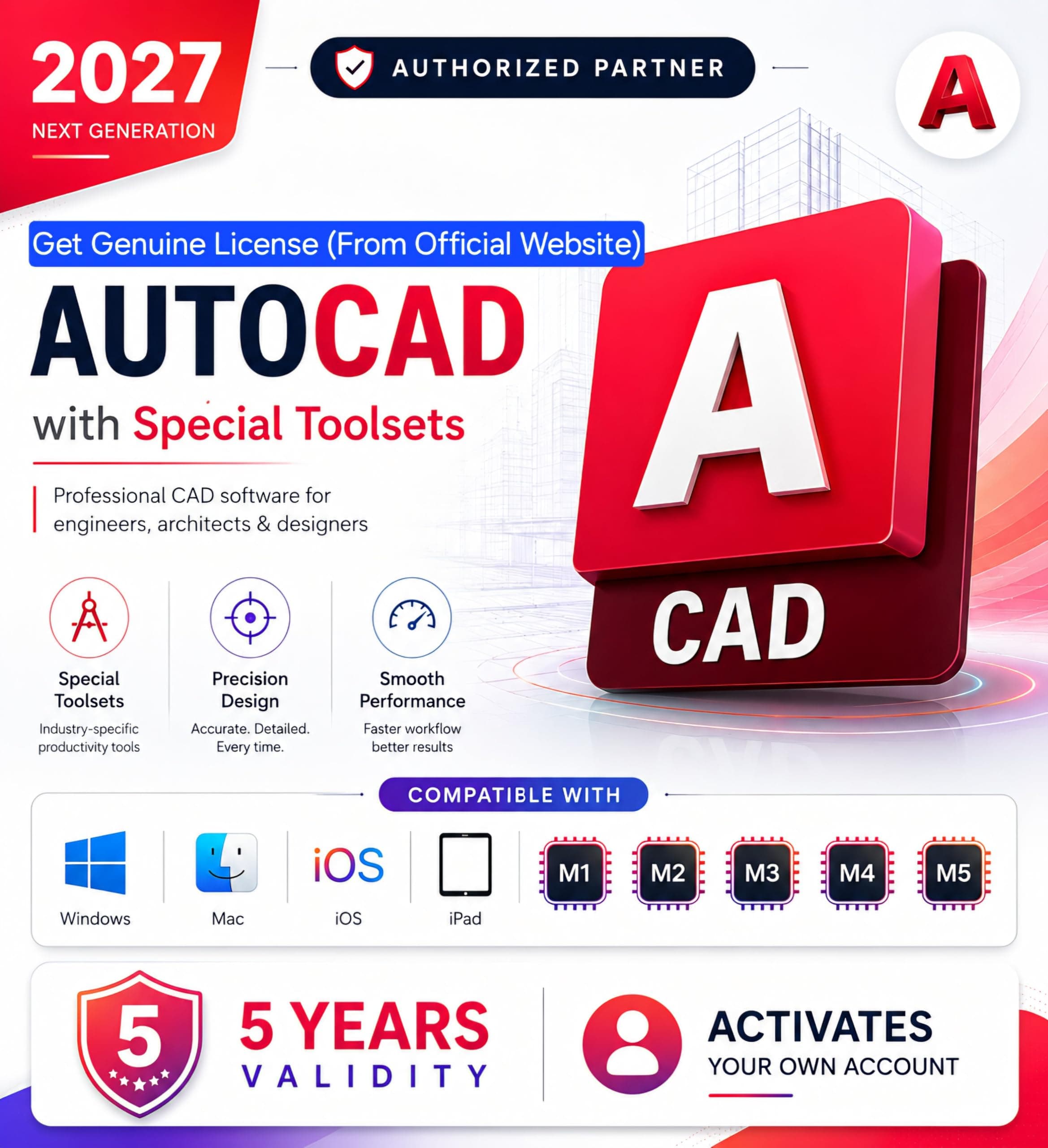 AutoCAD (Authorized Partner) 5 Years Validity (NO-CRACK) 100% Genuine License Worldwide Activation 5 Years Subscription (3 Users/ 3 Devices) (For Windows, MacOS, Android, iOS, M1, M2, M3, M4, M5) (INCLUDES 80+ Specialized Toolsets, architecture, engineering, Agriculture & more.)