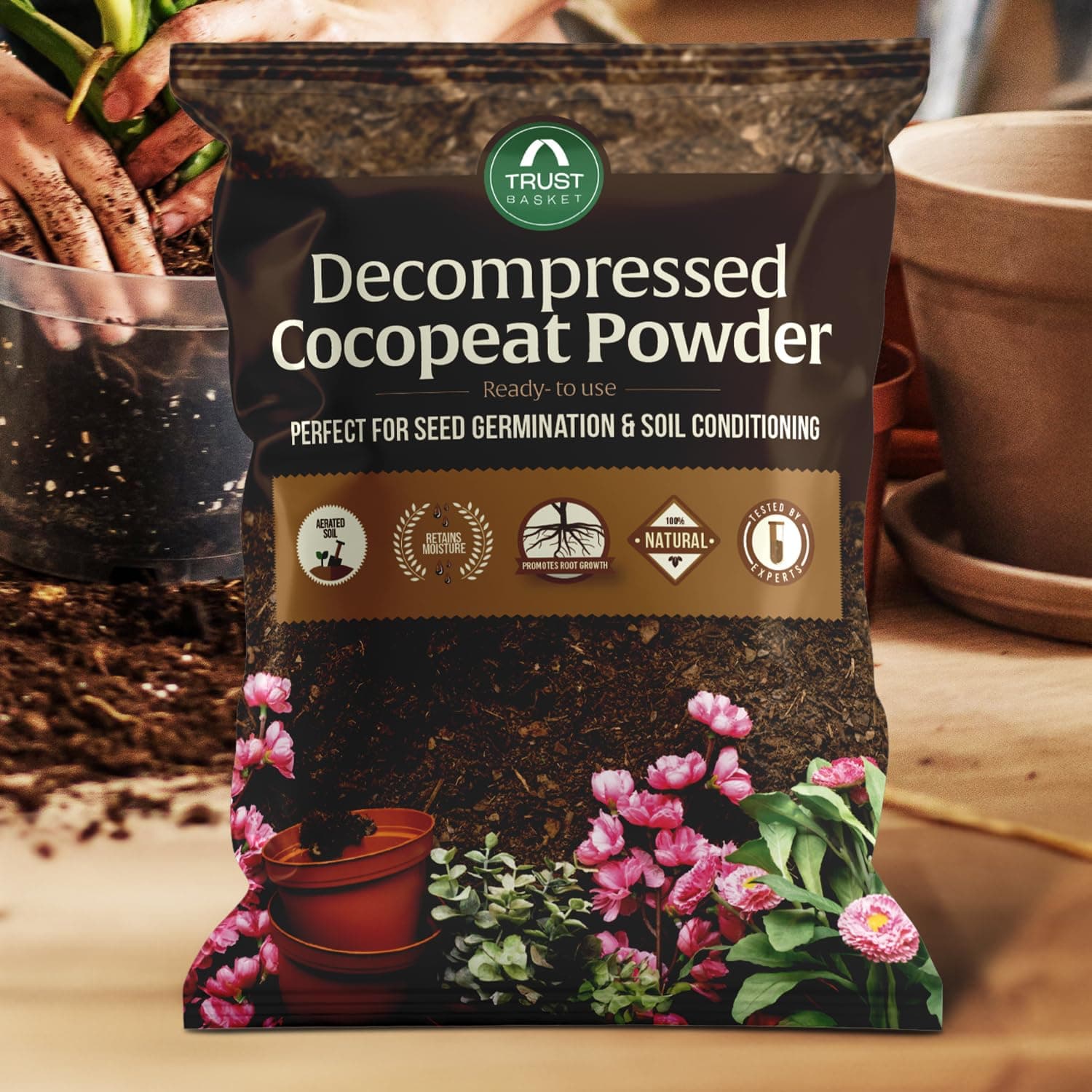 TrustBasket Premium Decompressed Cocopeat Powder 2KG – Ready-to-Use, Kerala's Coconut Husk Powder Coconut Coir Soil Conditioner for Potting, Indoor/Outdoor Gardens – 100% Natural, High Water Retention