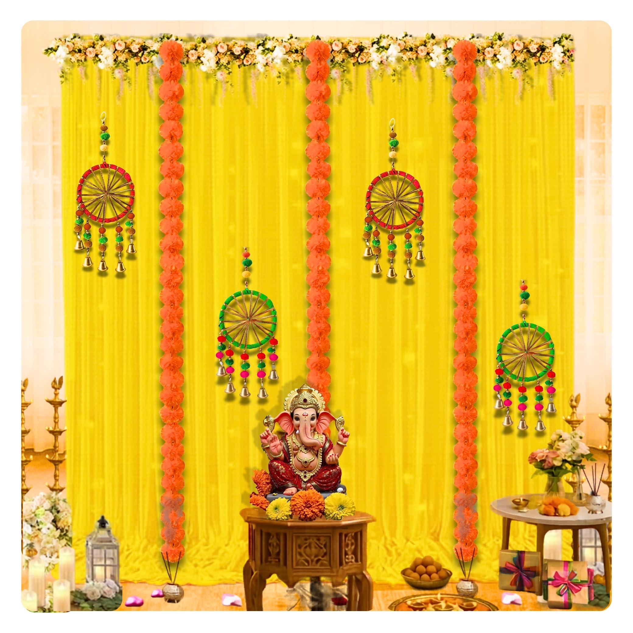 Shimmers Traditional Festival Decoration Kit Set of , Curtain Backdrop, Flower Garlands, Dream Catcher Wall Hanging, Pooja Decor for Diwali, Ganesh Chaturthi, Home Decor