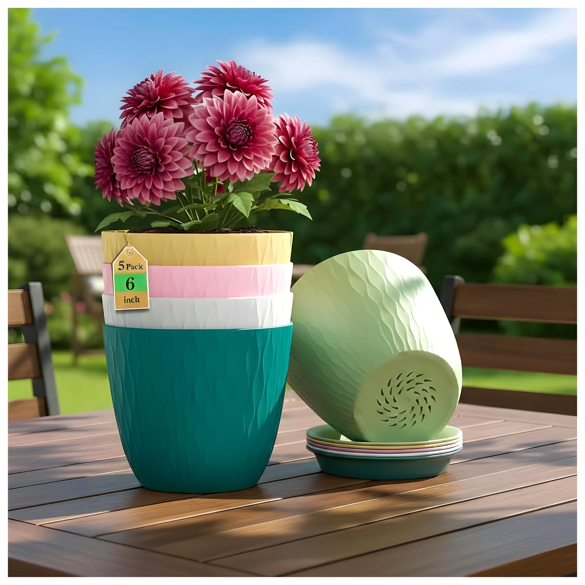 SWAPKART (Pack of 5 6 Inch Plastic Flower Pots for Indoor & Outdoor Terrace,Garden Plants Decorative Planters with Drainage Holes & Matching Saucers Durable & Lightweight (Multicolour)