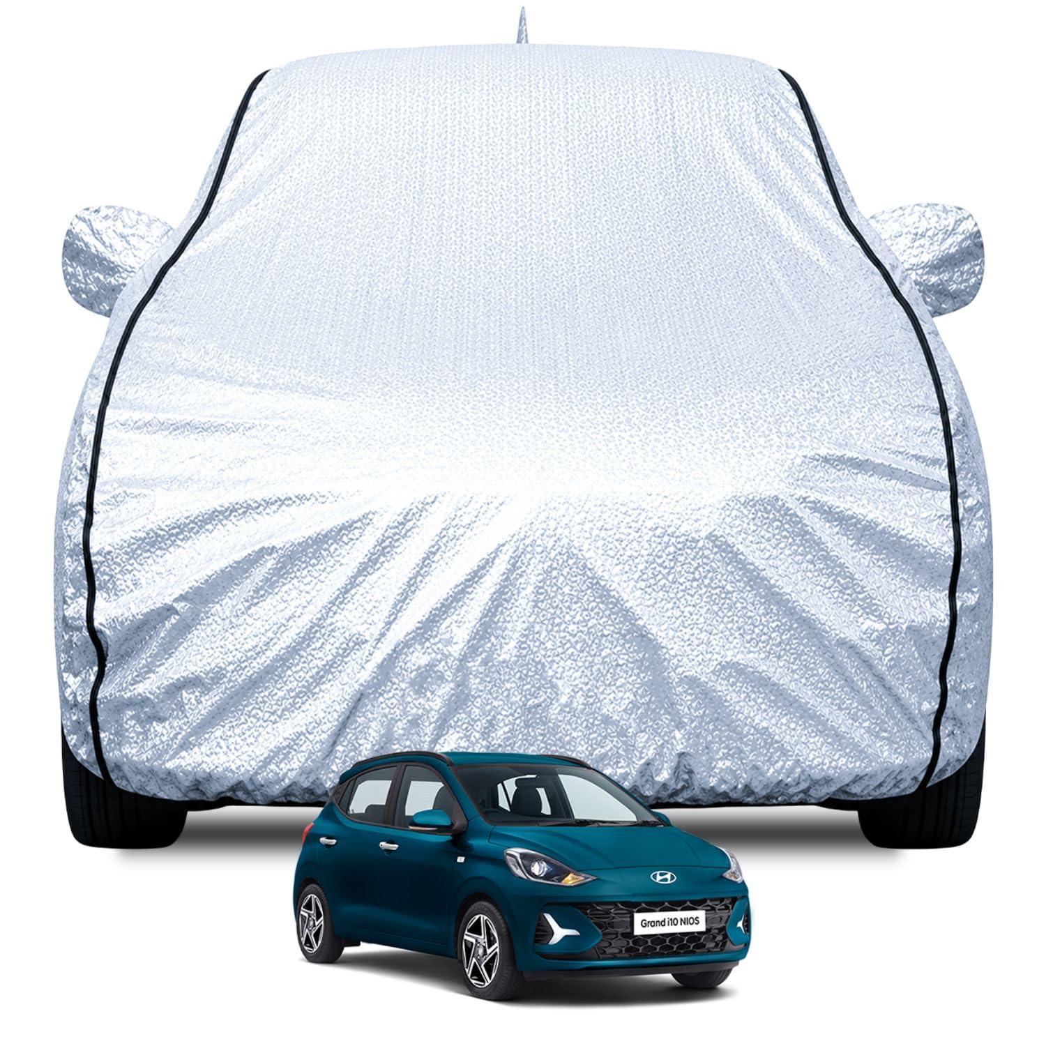 FABTEC Waterproof Car Body Cover for Hyundai Grand I10 Nios with Mirror and Antenna Pocket, Soft Cotton Lining, Triple Stitched (Heat Resistant Metallic Silver with Black Piping)
