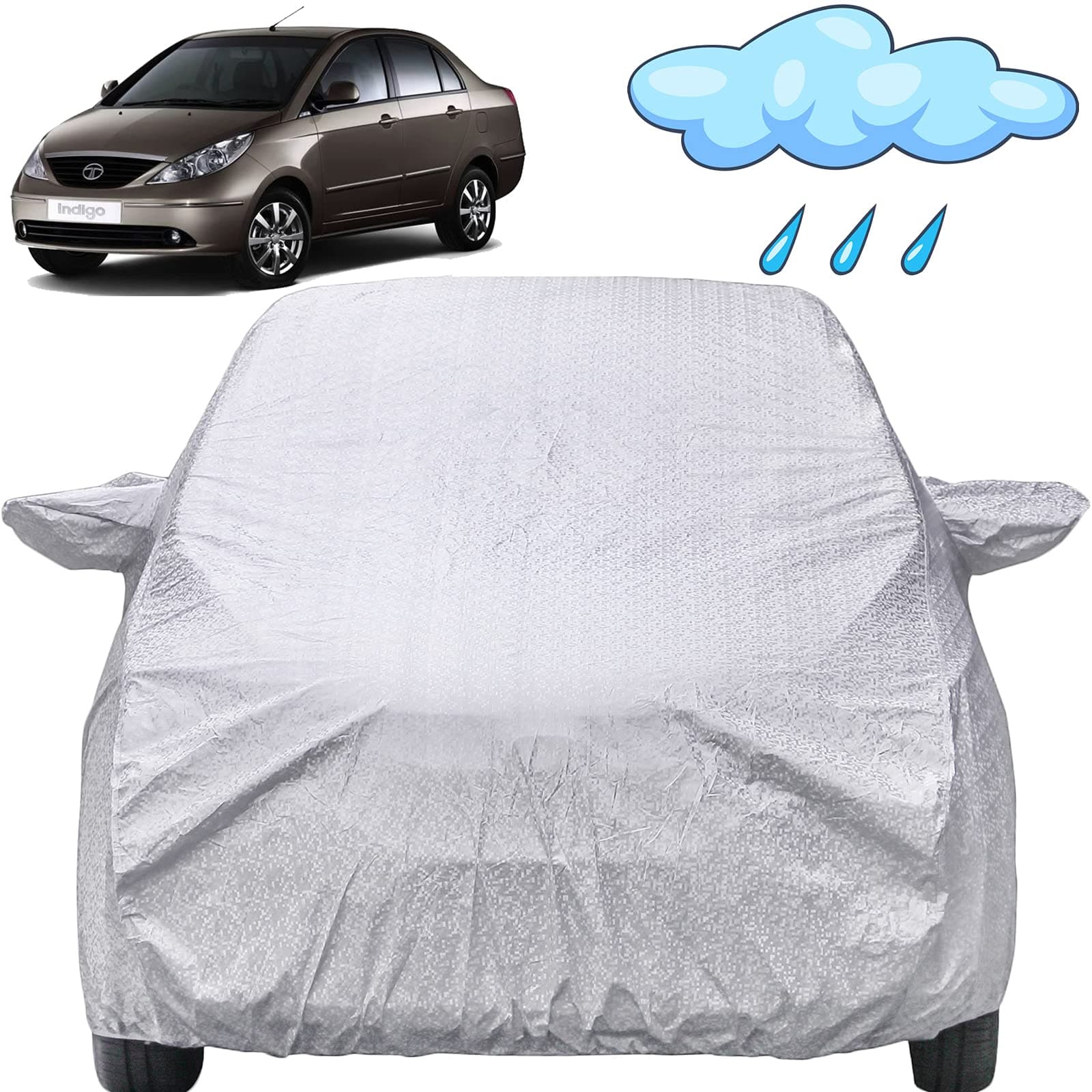 Autofact Waterproof Car Body Cover Compatible with Tata Indigo (2002 to 2005) with Mirror Pockets (Shinning Silver)