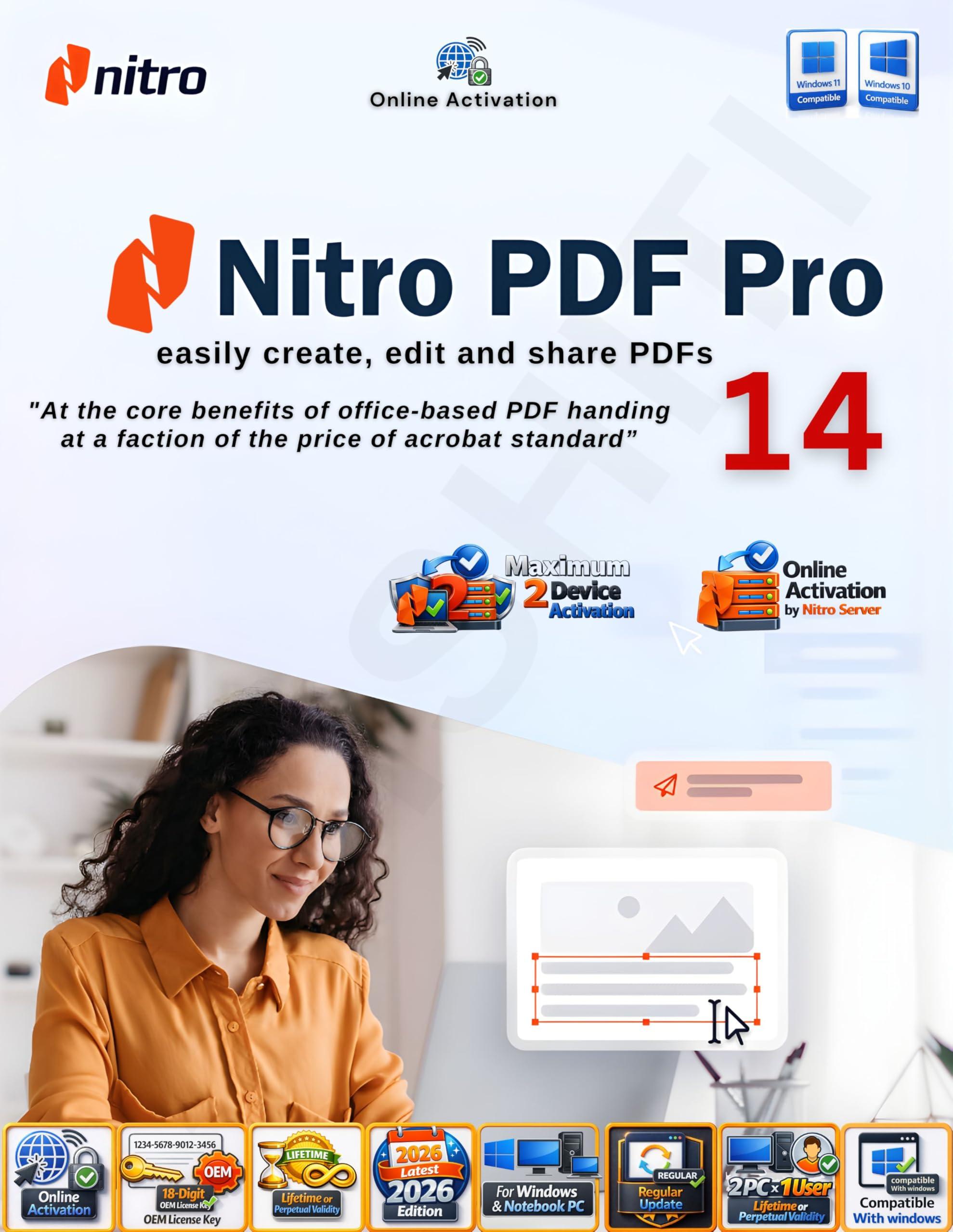 Nitro PDF Pro 14 (PDF Editor) | 2026–27 Edition |Official 18 Digits License Key | Online Activation Via Nitro Server |Advanced PDF Editor & Converter with OCR | Lifetime License Validity | 2 PC X 1 User | For Windows PC |Instant Delivery