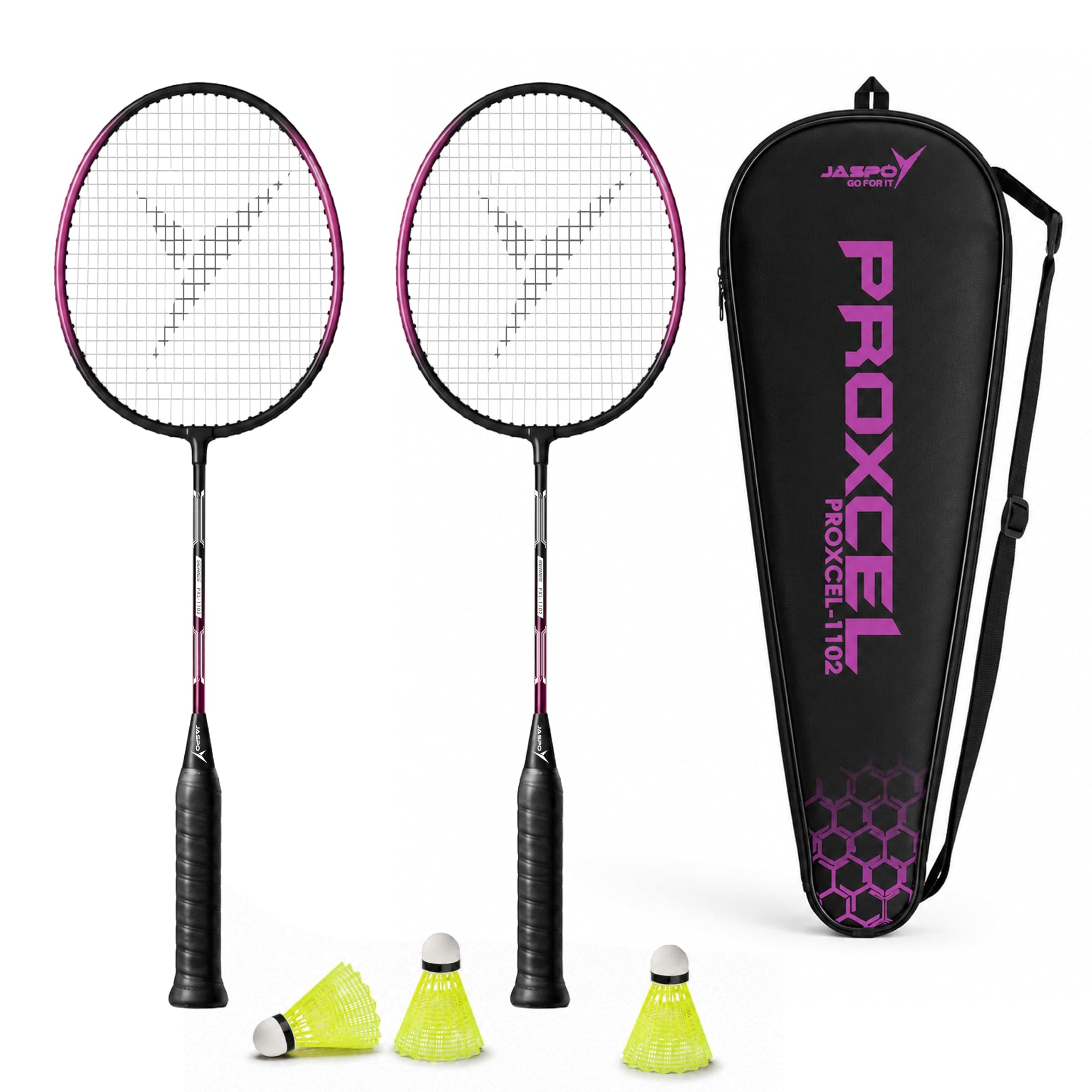 Jaspo Proxcel-1102 Badminton Kit | Lightweight Metal Badminton Rackets with Shuttlecocks | Balanced Frame | Comfortable Grip for Powerful Smashes | Ideal for Beginners, Kids & Teens