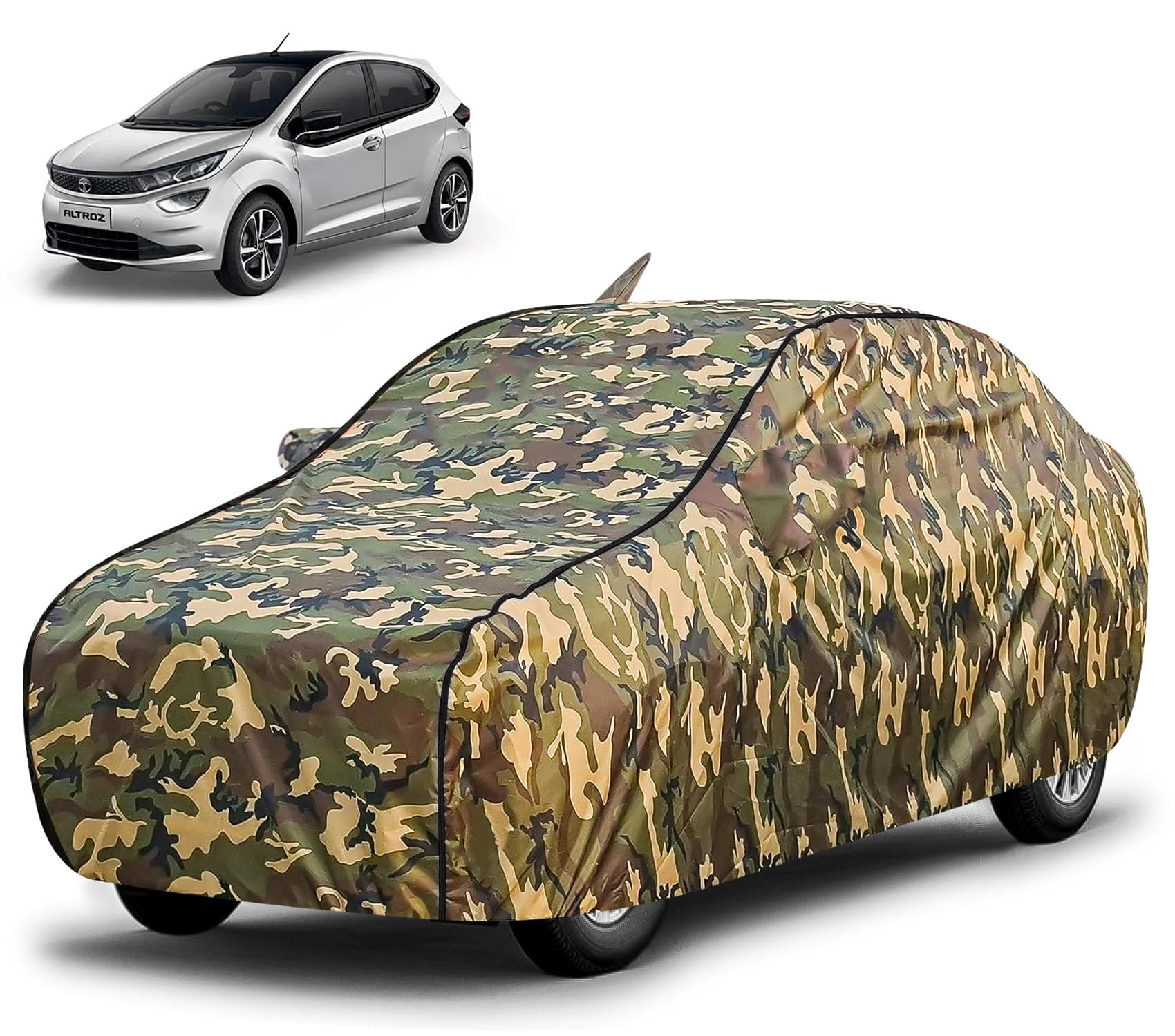 FABTEC Waterproof Car Body Cover for Tata Altroz with Mirror and Front Antenna Pocket, Triple Stitched (Military, Jungle Print, Camouflage Design)