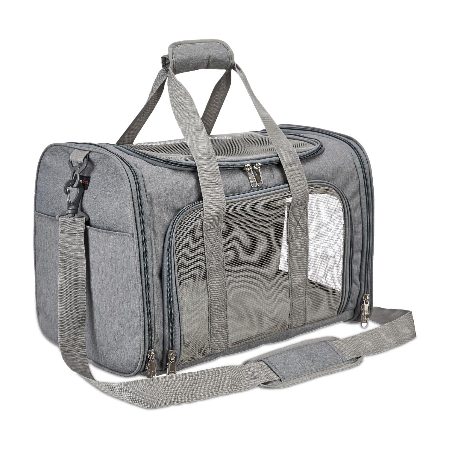 amazon basics Soft-Sided Mesh Pet Carrier | for Dogs & Cats | Breathable Pet Bag | Indoor & Outdoor | Washable | Spacious Travel Bag for Pets (Large) (Light Grey)