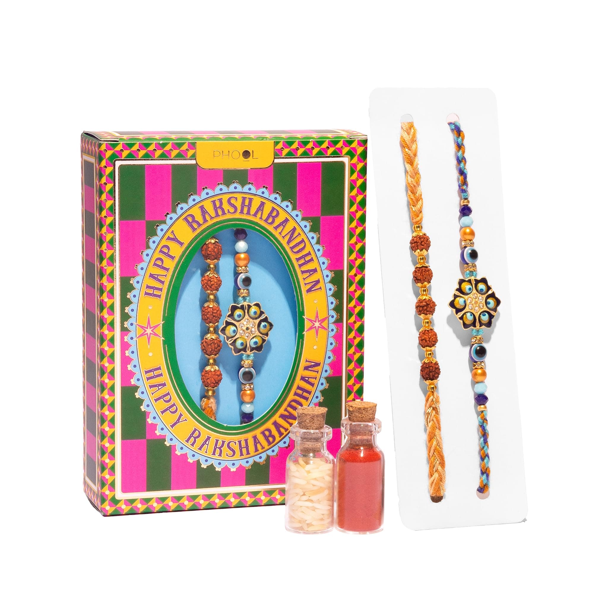 Phool Set of 2 Rakhi for Brother – Rudraksha Beads & Evil Eye Morpankh Design with Roli Chawal | Rakshabandhan Gift for Bhai | Protection Rakhi Combo