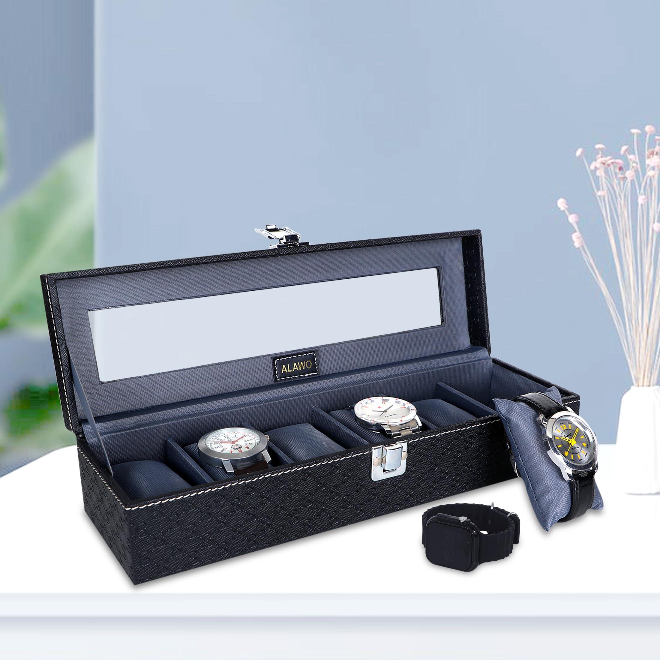 ALAWO Watch Box Organizer Holder Case with 6 slots of Watches in Transparent Display with Black & Gray Color in PU Leather