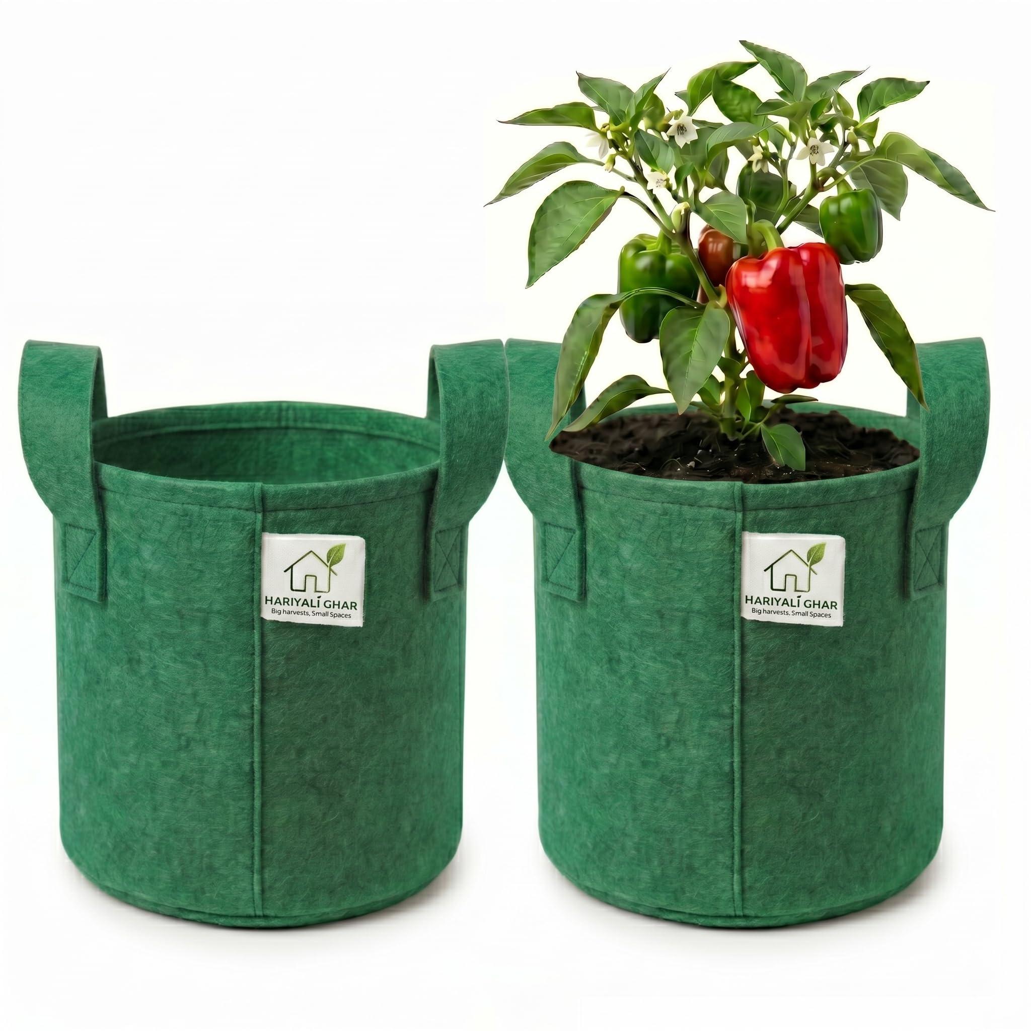 Hariyali Ghar 400 GSM Geo Fabric Round Grow Bags 12x12 Inch with Handle, Green Planting Bags for Terrace and Kitchen Gardening Pack of 2