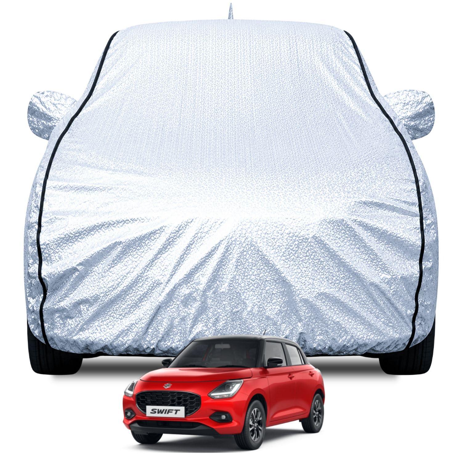 FABTEC Waterproof Car Body Cover for Maruti Swift (2024-2025) with Mirror and Antenna Pocket, Soft Cotton Lining, Triple Stitched (Heat Resistant Metallic Silver with Black Piping)