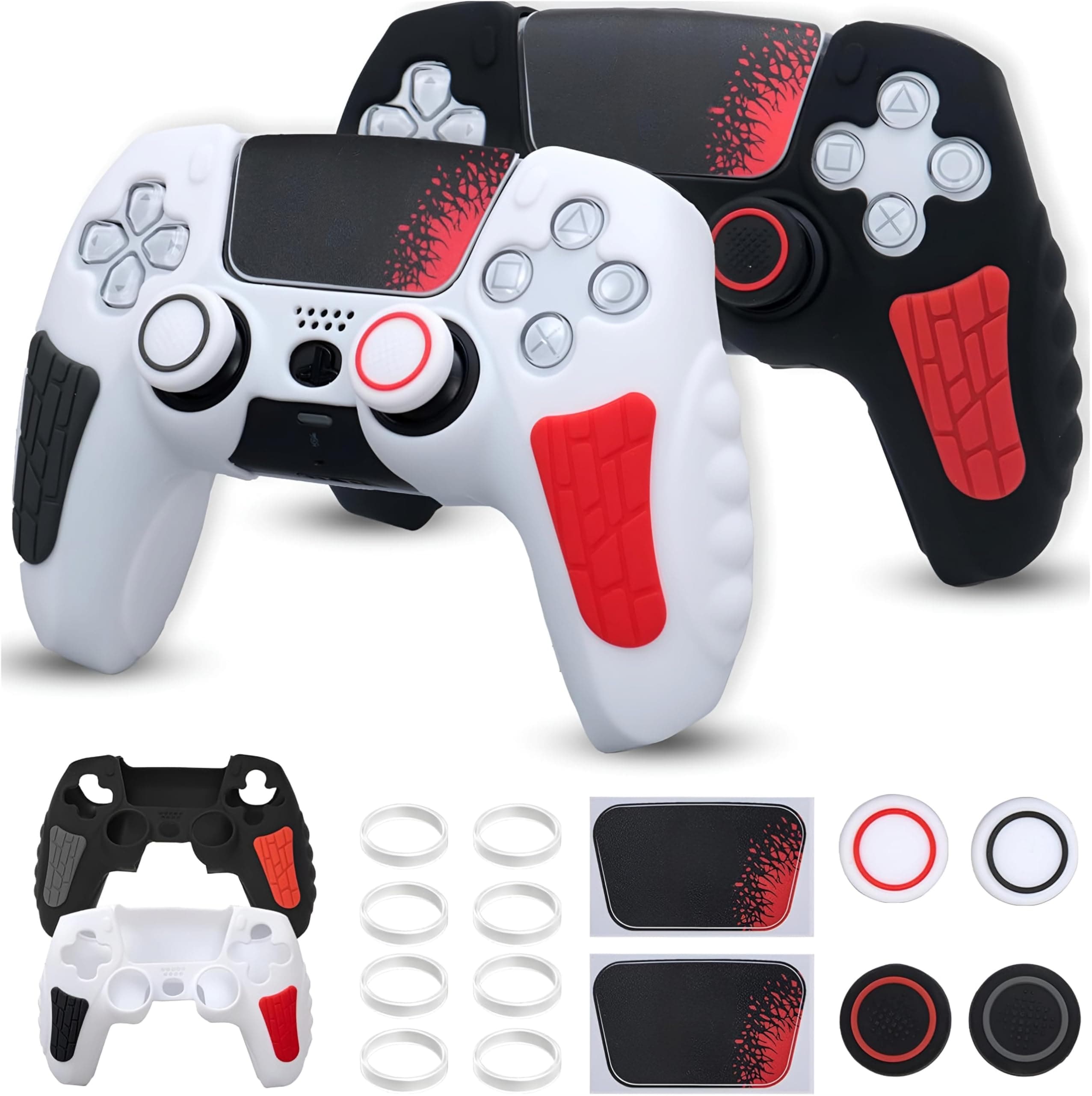 Meyaar PS 5 Controller Cover Case, Anti-Slip Silicone Cover Skin Compatible with PS5 Dual Sense Controller with Thumb Grip Caps, Joystick Protectors (Black and White (2 Pack))
