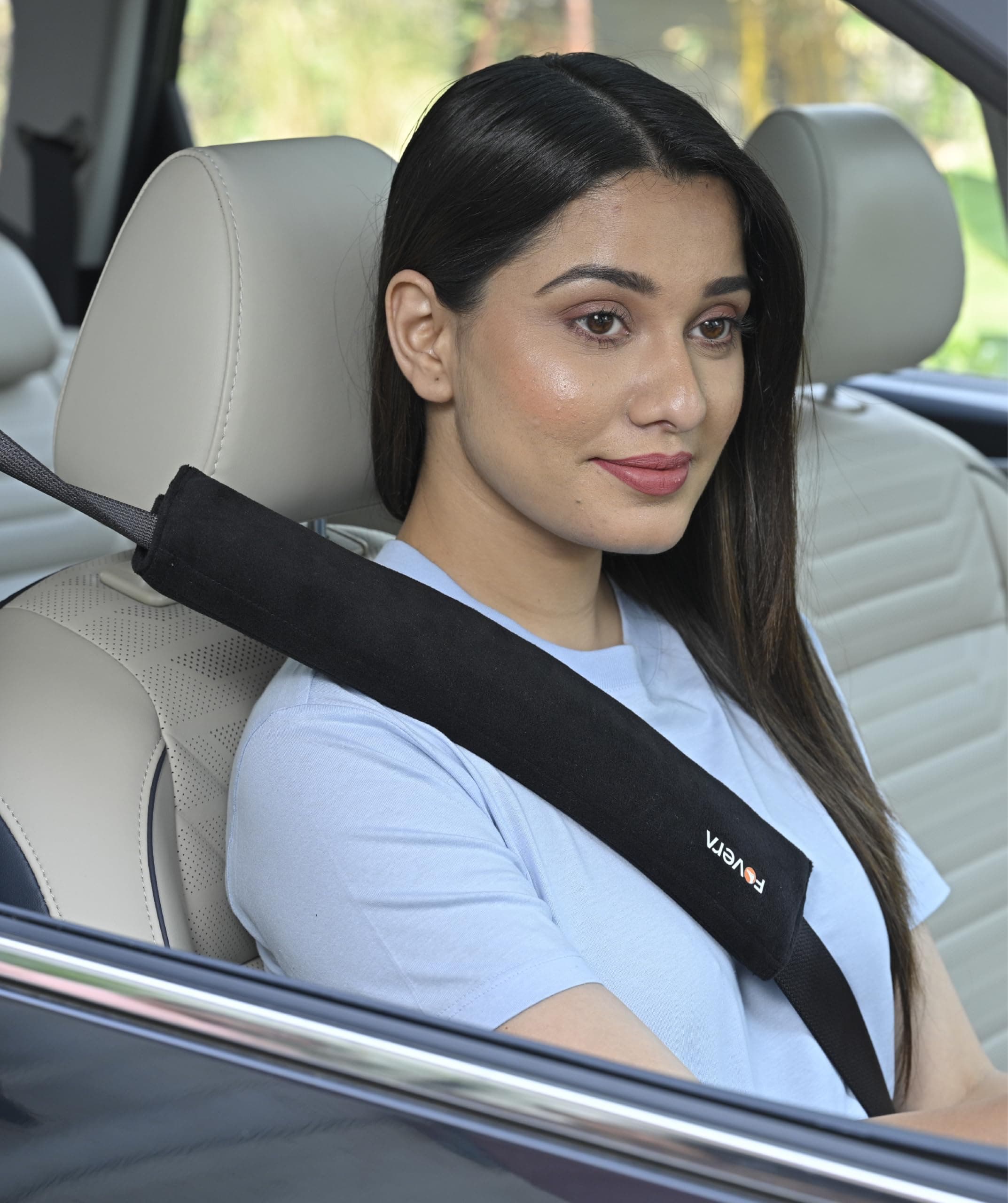 FOVERA Car Seat Belt Shoulder Cushions (Pack of 2) Car Safety Belt Soft Pad Cover for Comfortable Driving, Universal Fit for All Cars and Backpack (Black Color, 12 Inch Length)