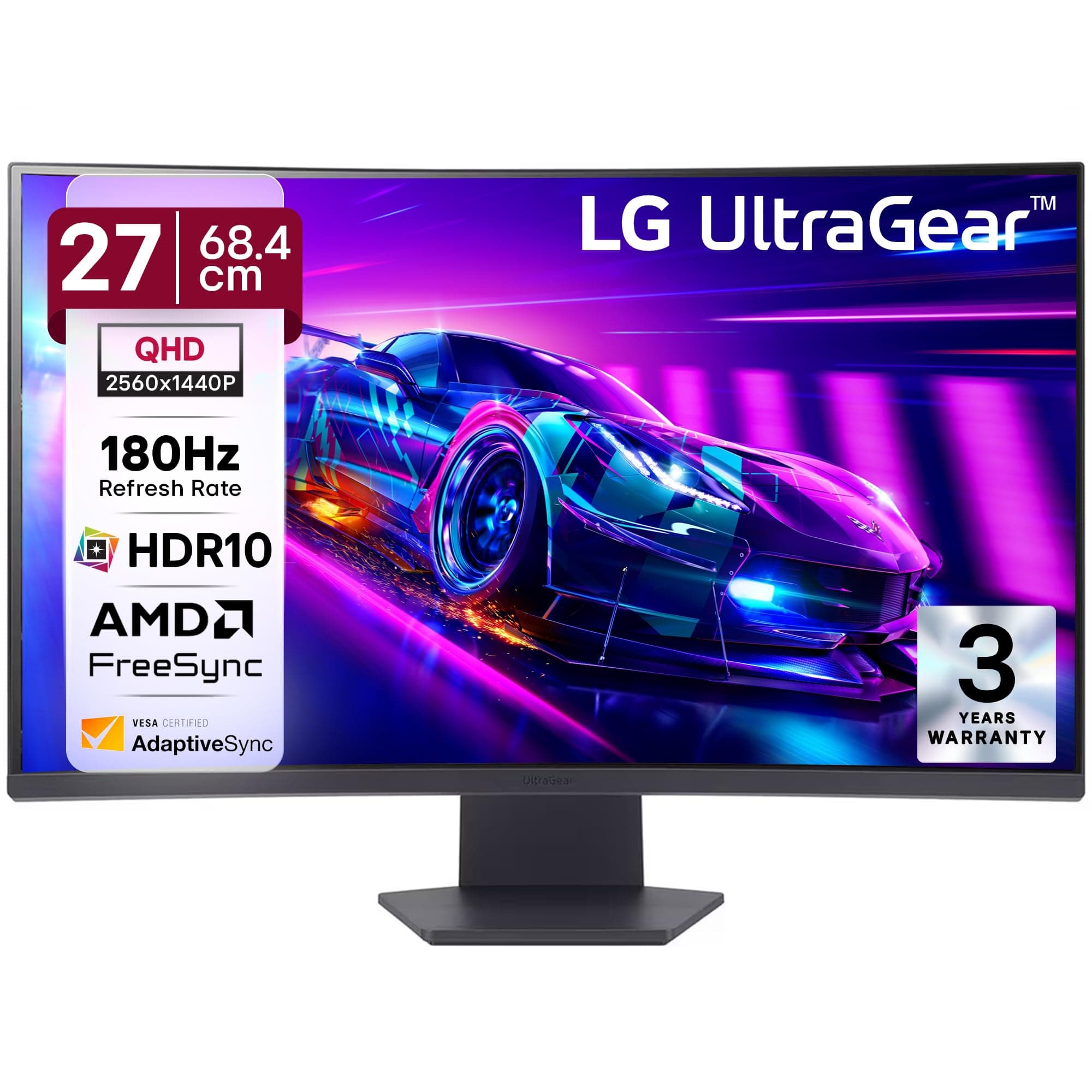 LG 27GS60QC 68.4cm (27 Inch) Ultragear Curved (1000R) QHD (2560x1440) Gaming Monitor, 180Hz, 1ms, 3-Side Virtually Borderless, Anti-Glare, DP, HDMI X 2, HP Out, AMD FreeSync™, Tilt Adjustment (Black)