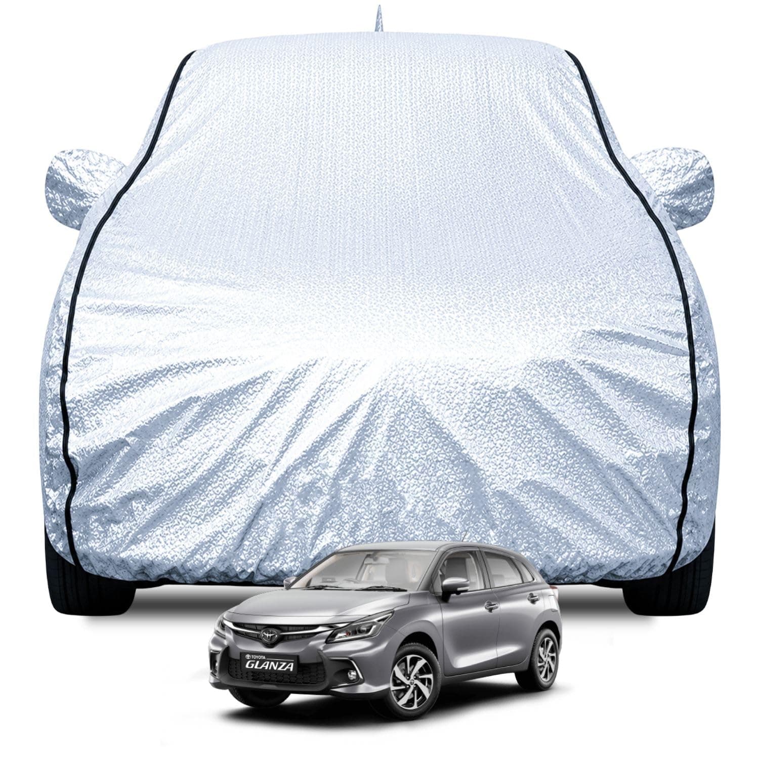 FABTEC Waterproof Car Body Cover for Toyota Glanza New with Mirror and Antenna Pocket, Soft Cotton Lining, Triple Stitched (Heat Resistant Metallic Silver with Black Piping)