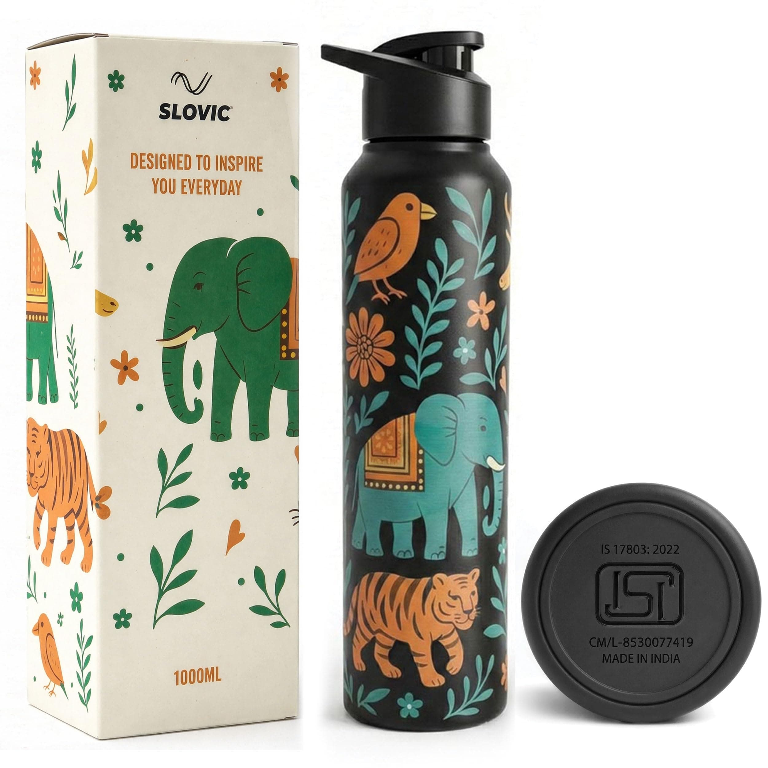 SLOVIC Steel Water Bottle 1 Ltr | Incredible India Design Fridge Water Bottle | 100% BPA Free & leak-Proof | Sipper Water Bottles for Adults | Ideal for Gym, Sports & Camping
