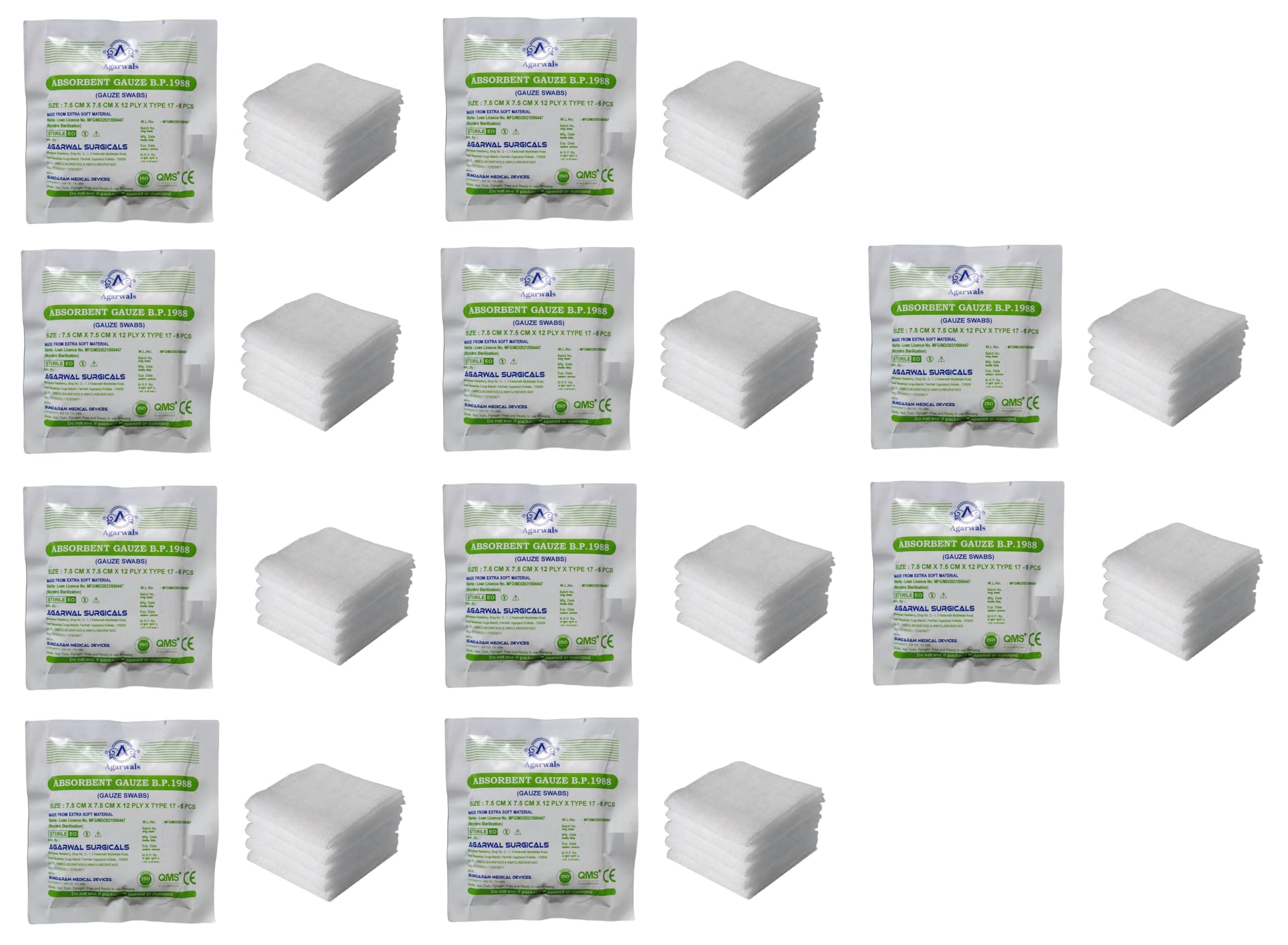 Agarwals Absorbent Gauze Swabs Sterile 7.5 cm X 7.5 cm X 12 ply (5Pcs/Pack)(Pack of 10 i.e. 50 Dressings)