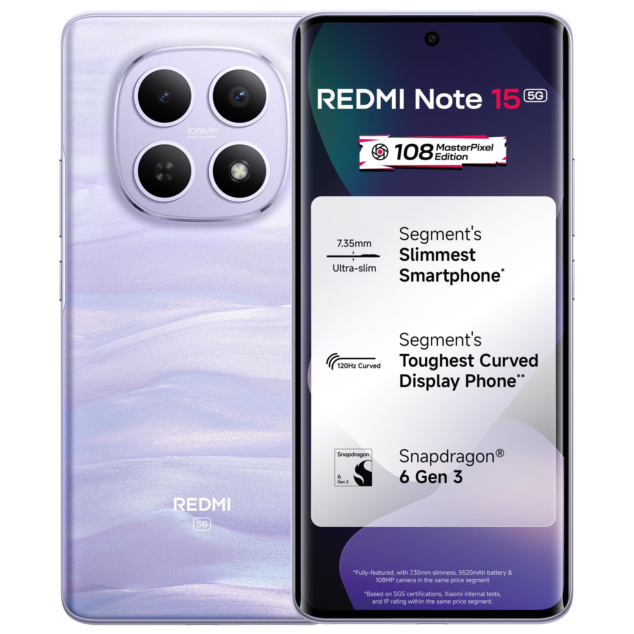 REDMI Note 15 5G (Mist Purple, 8GB RAM 256GB Storage) | 108MP OIS Camera | Snapdragon 6 Gen 3 | 17.2cm Tough Curved AMOLED Screen | Segment's Slimmest Phone | 5520mAh Si/C Battery | 45W Fast Charging