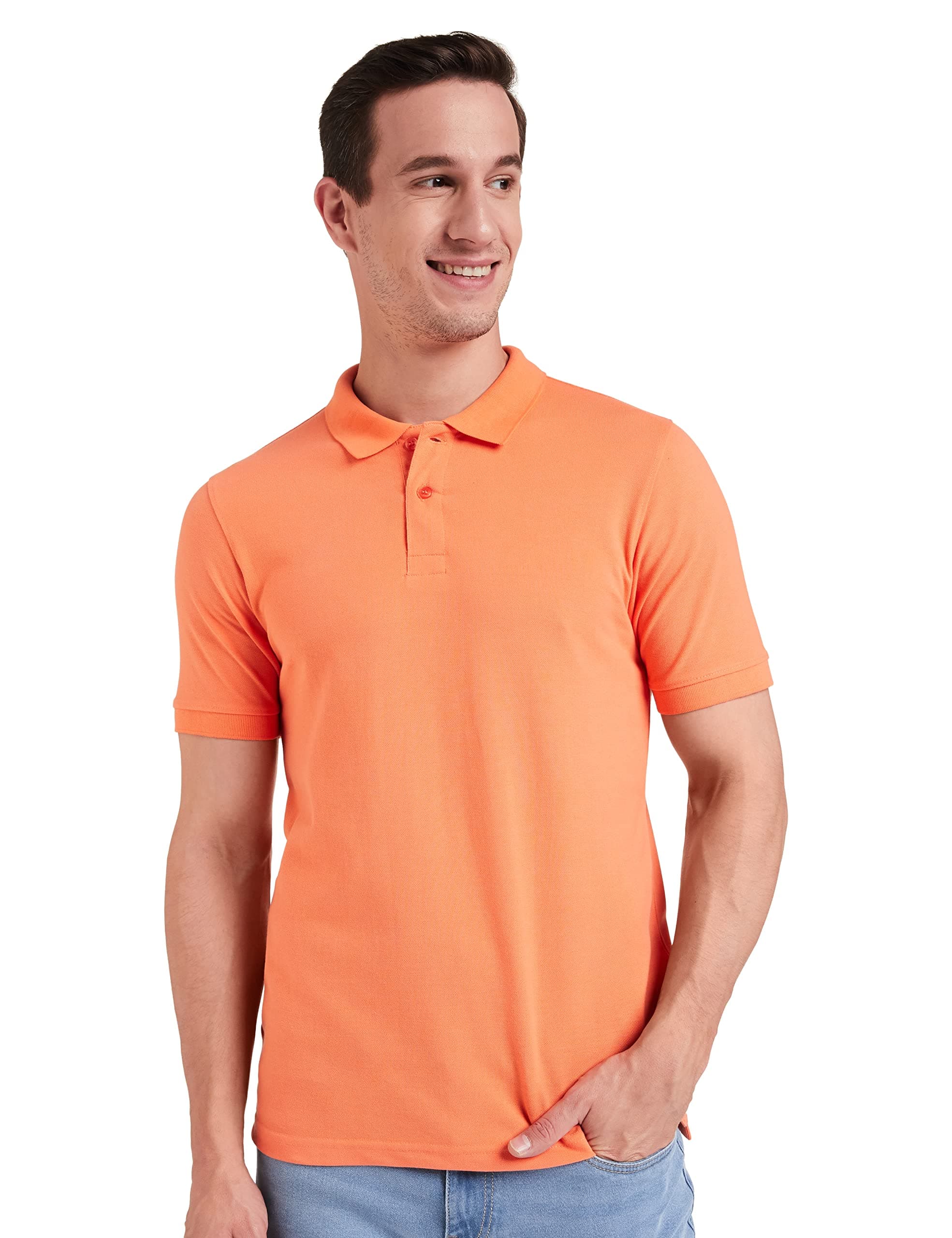 Amazon Brand - Symbol Men's Solid Cotton Rich Polo T Shirt | Collar Tshirts | Half Sleeves | Plain-Regular Fit (Melon_4XL) (Available in Plus Size), Orange