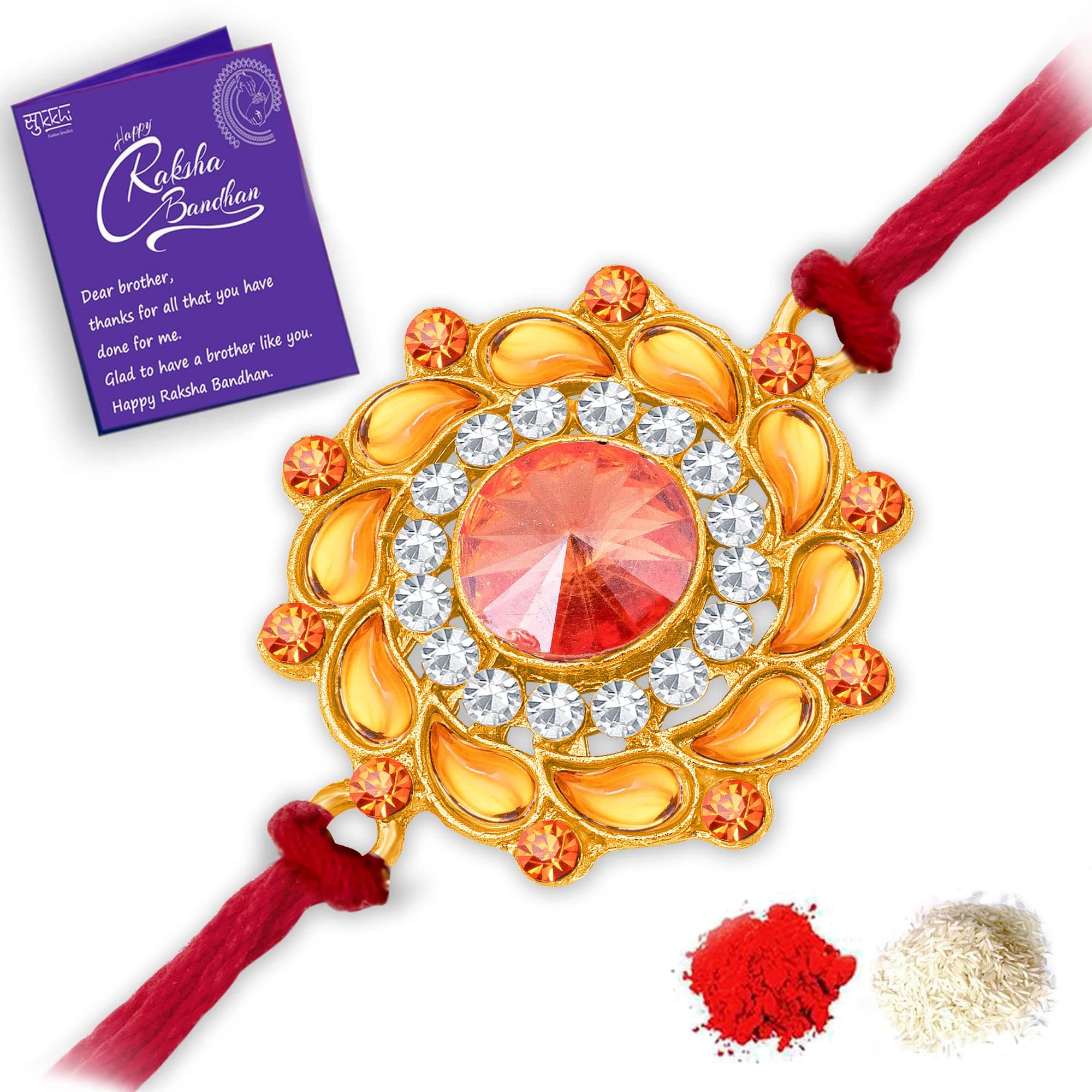 Sukkhi Mens Rakhi for Brother Fanciable Kundan Designer Gold Plated with Roli Chawal & Greeting Card|RAK104490